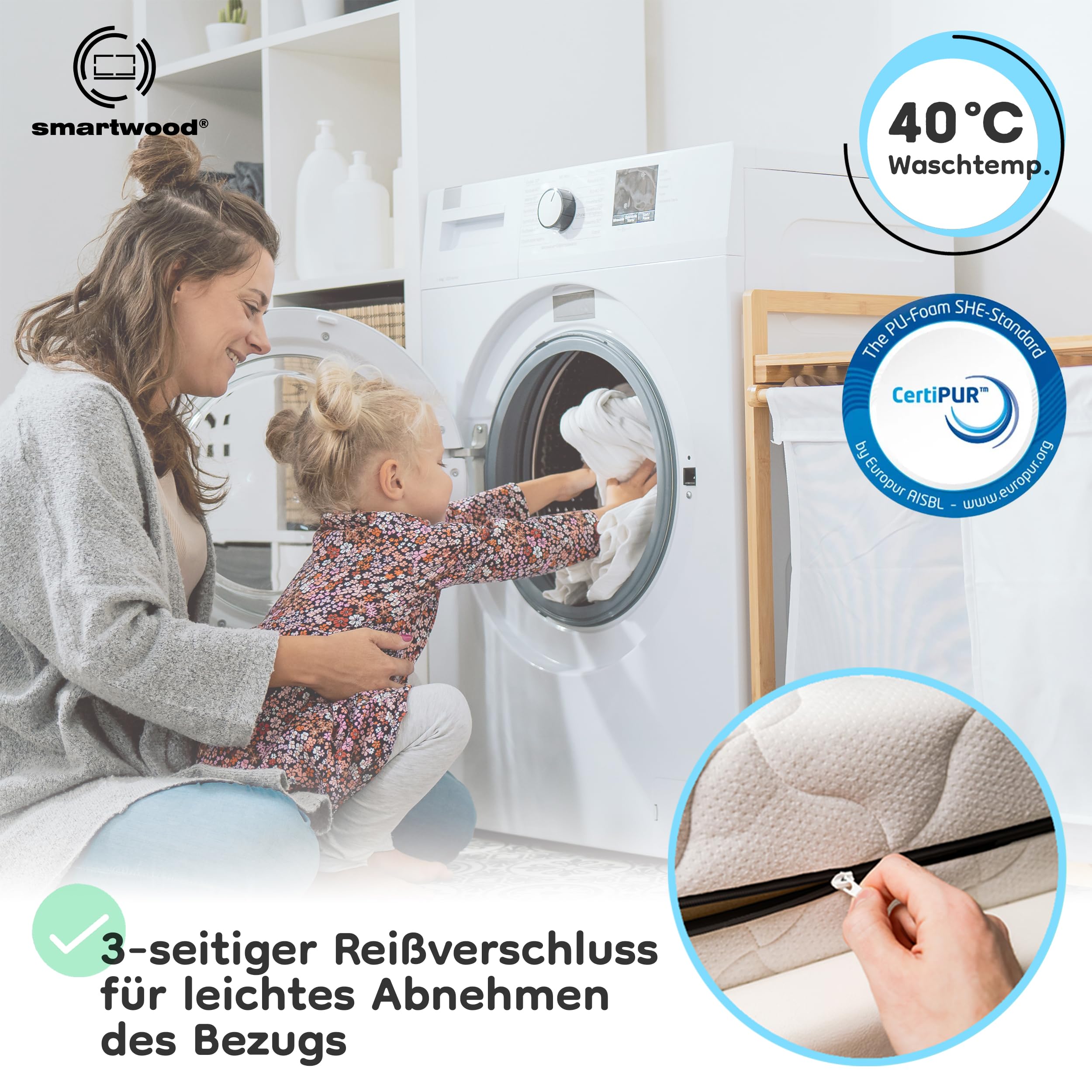 smartwood Kindermatratze 70x100 9cm Matratze für Kinder - H2 Schaumstoffmatratze Oeko-TEX-Zertifiziert - Wendbar - mit Waschbarem Antiallergischem Bezug - SmartComfort | Made in EU