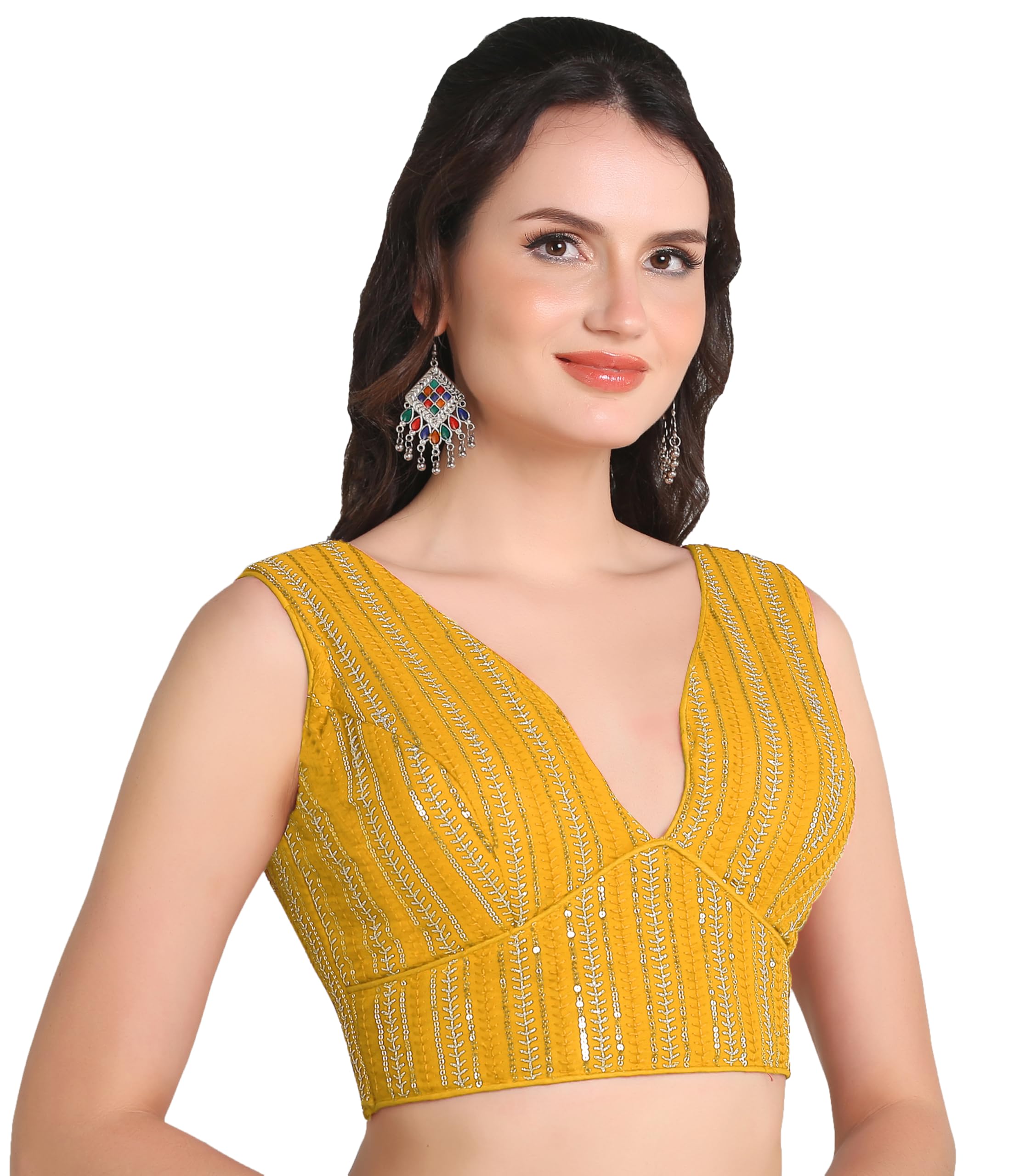 pujia mills Women's Indian Ethnic Wear Sabyasachi Sequence with Dhaga Embroidered Zari Work Sweetheart Neck Blouse Sleeveless Readymade Padded Saree Back Open String Pattern Blouse-picture-49