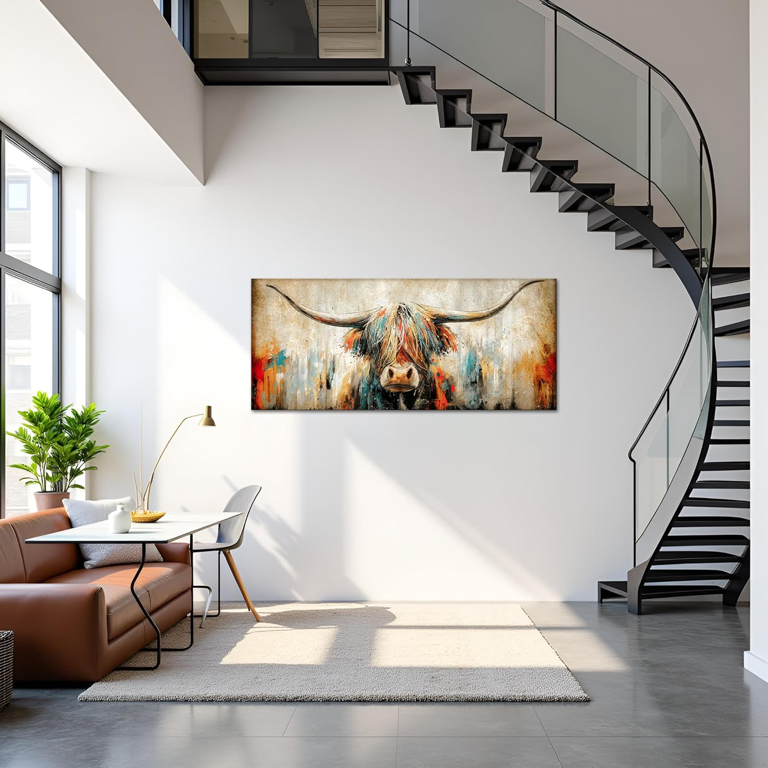 sechars Highland Cow Wall Art Abstract Colorful Bull Print Large Farmhouse Animal Decor 20"x48"