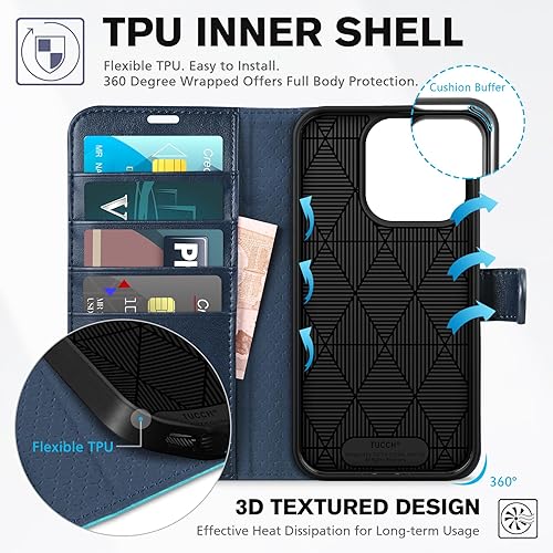 Miniatura 5 de TUCCH Funda tipo cartera para iPhone 15 Pro, función atril bloqueo RFID 4 ranuras para tarjetas Funda protectora interior de TPU, funda magnética de