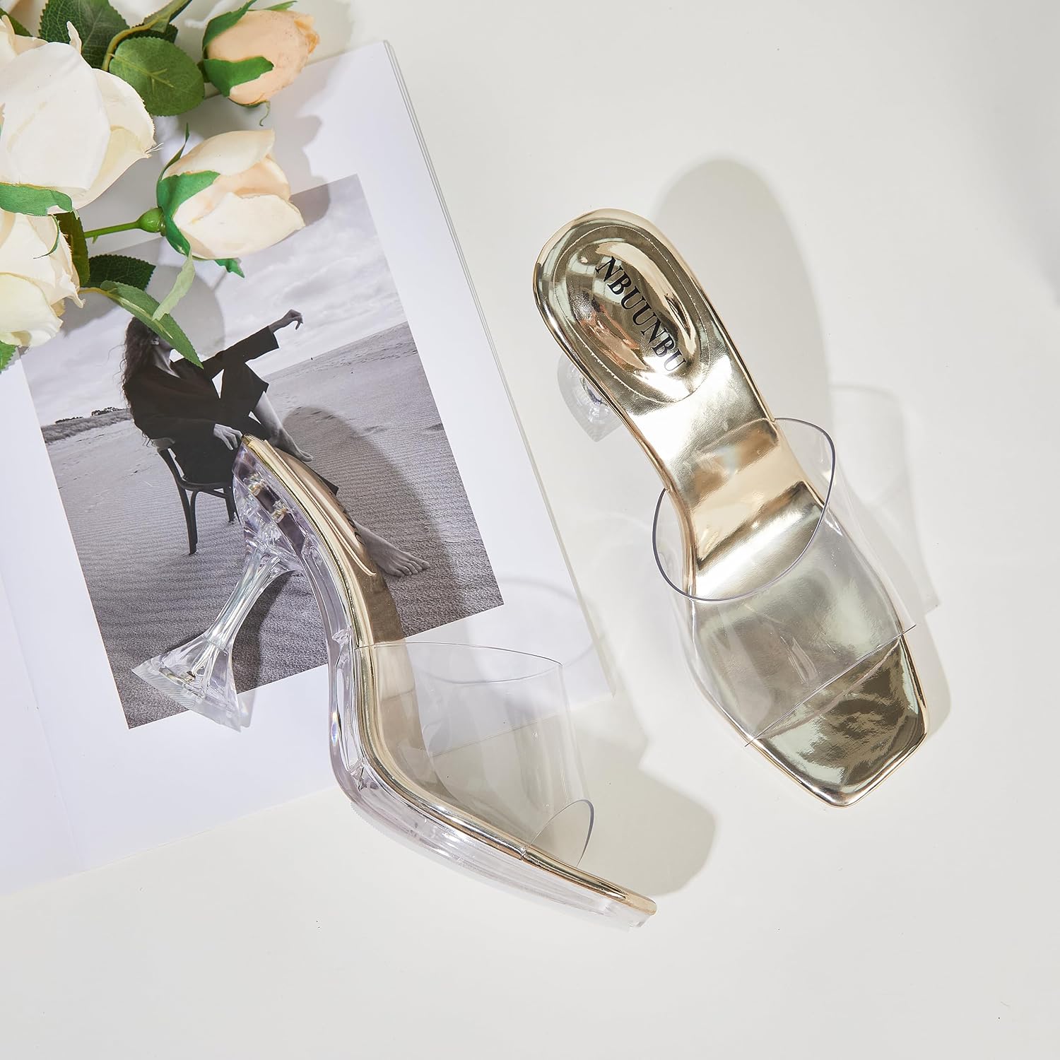 NBUUNBU Clear Heels for Women Sexy Little Platform High Heel Transparent Straps Dress Shoes Comfortable Stilletos Square Toe Sandals Mules Pumps