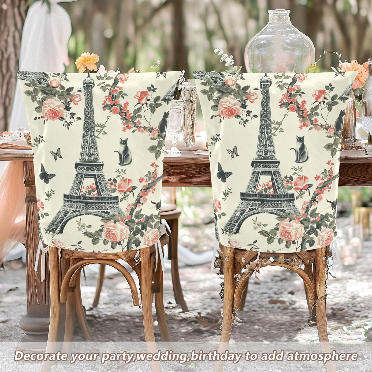ALAZA Eiffel Tower Roses Cats Chair Back Cover Set of 6, Washable Reusable Removable Chair Slipcovers Decorative Chair Cover for Home Kitchen Wedding Party