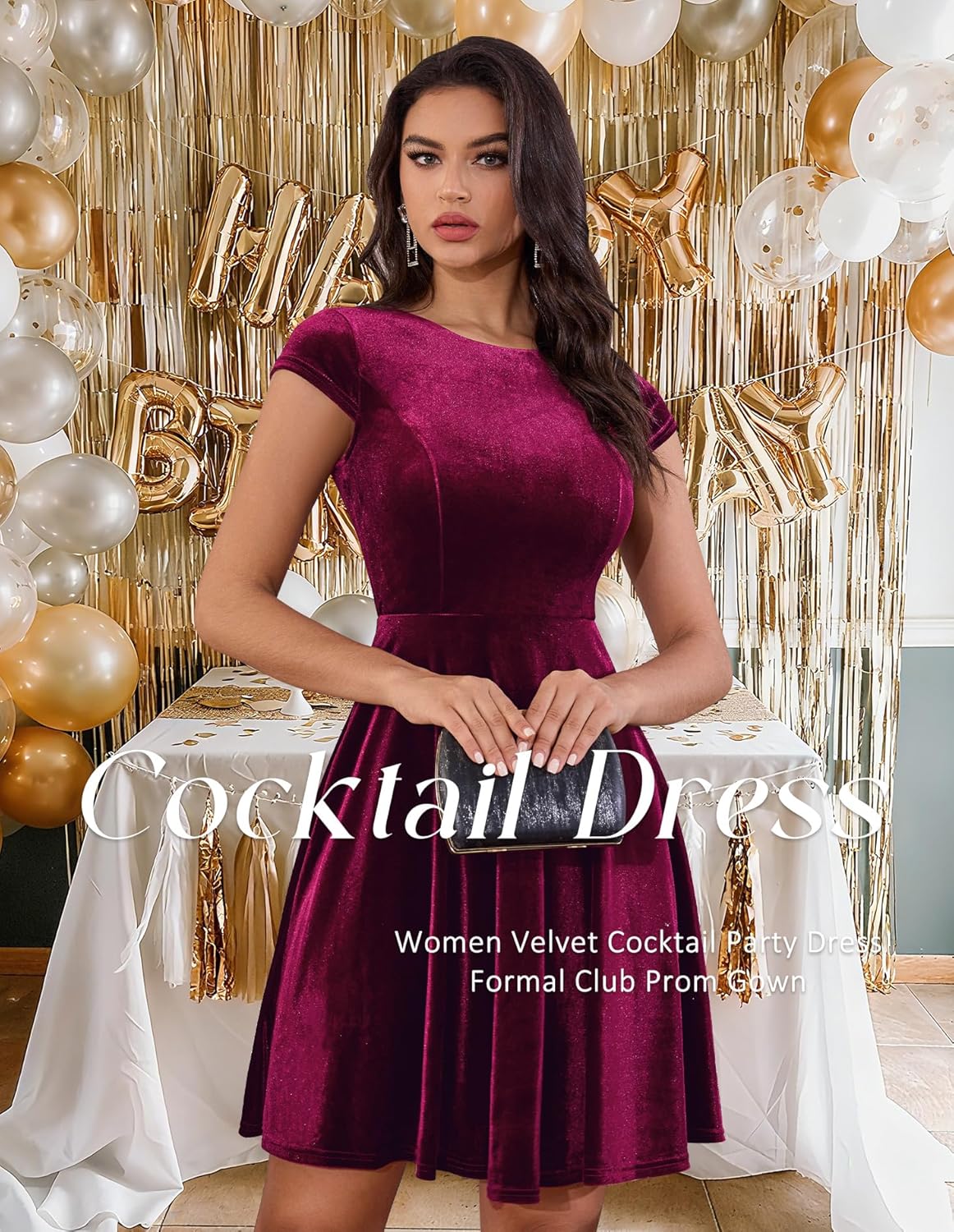 Dressystar Women's Velvet Cocktail Party Formal Dress Cap Sleeve A Line Fall Winter Vintage Rockabilly Dresses Prom Gown - Image 4