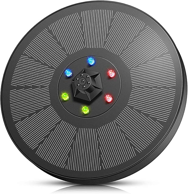 Romacci Bomba de fonte solar 3W Fonte de banho de pássaros ao ar livre alimentada por energia solar 7 padrões de spray Bomba de água com luzes LED Bateria reserva para tanque de jardim, tanque de peixes, aquário e animal de estimação