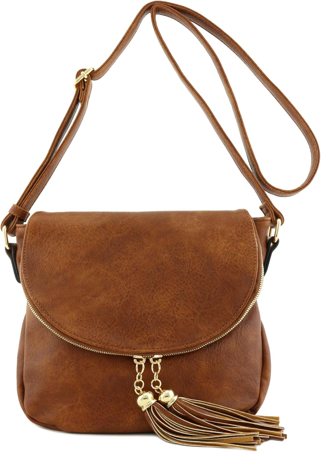 Tassel Accent Crossbody Bag with Flap Top Tan