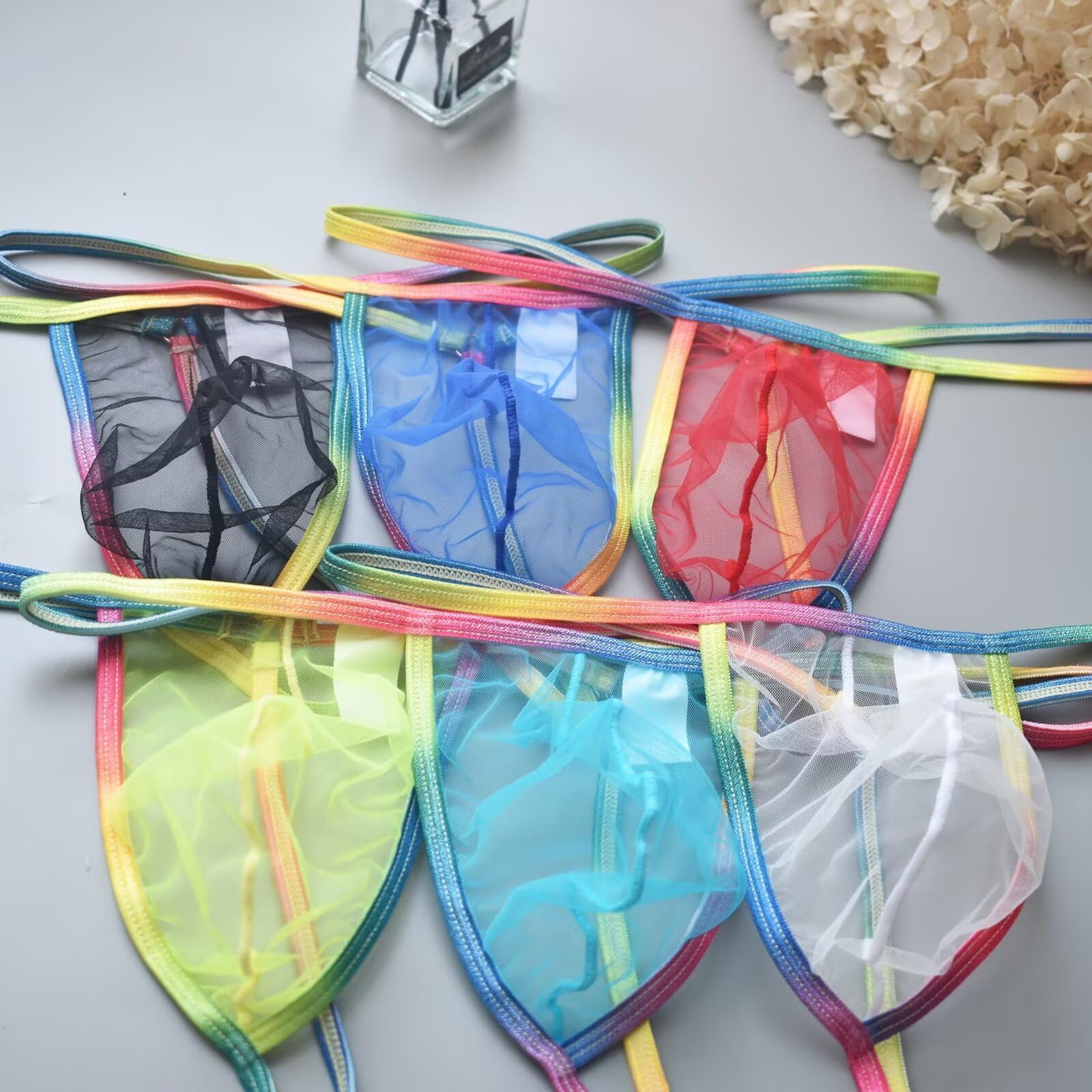 Faringoto Herren-Stringtanga, Unterwäsche, super durchsichtig, Bademode, Bikini, Regenbogen-Rand, Höschen
