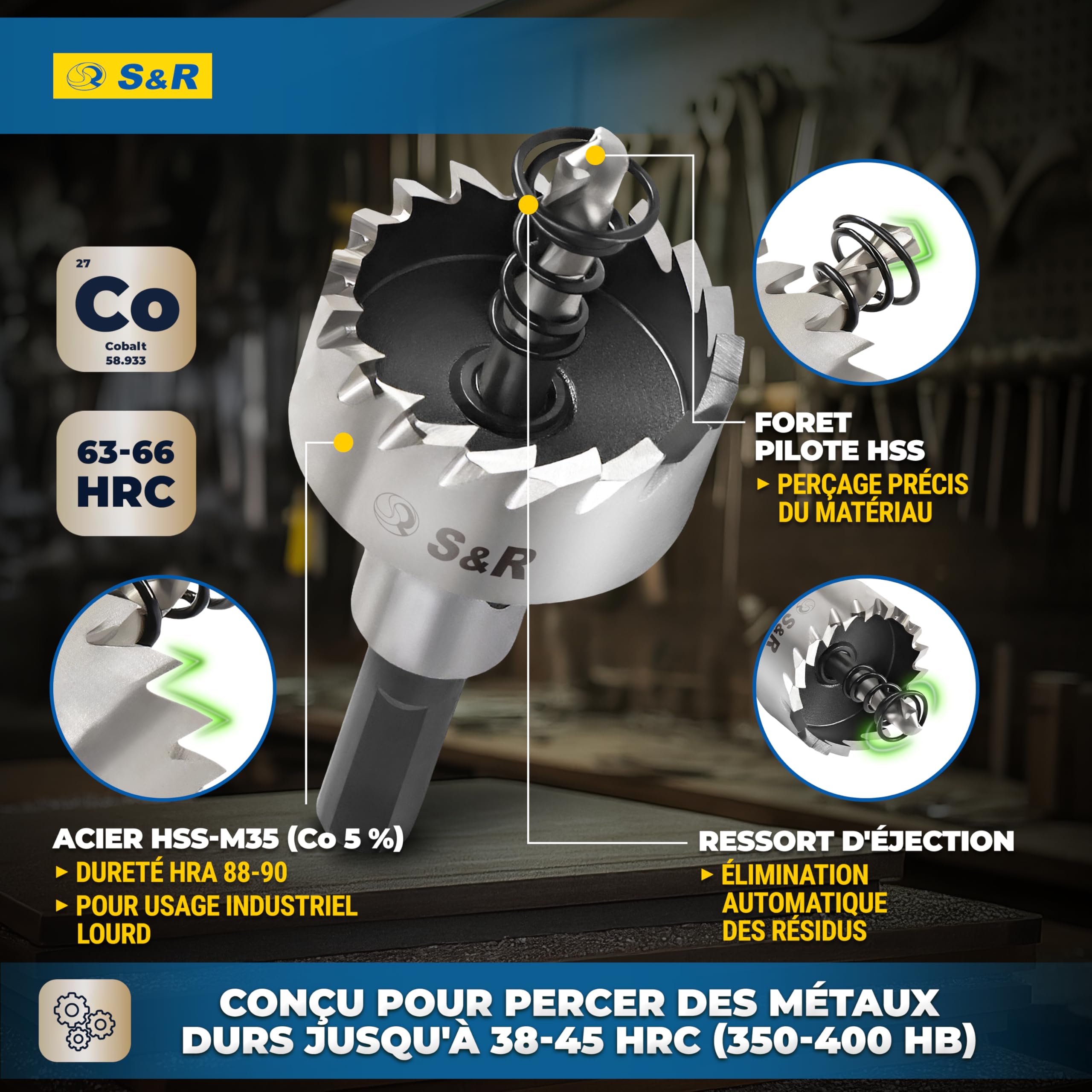 S&R Premium TCT Gatzagenset, 5-delig, 16-30 mm, gatboor, metaal, roestvrij staal, harde legeringen, YG10X wolfraamcarbide, gatboorset met 7 stuks pilotboor, titanium gecoat, gatensnijder, metaalfrees