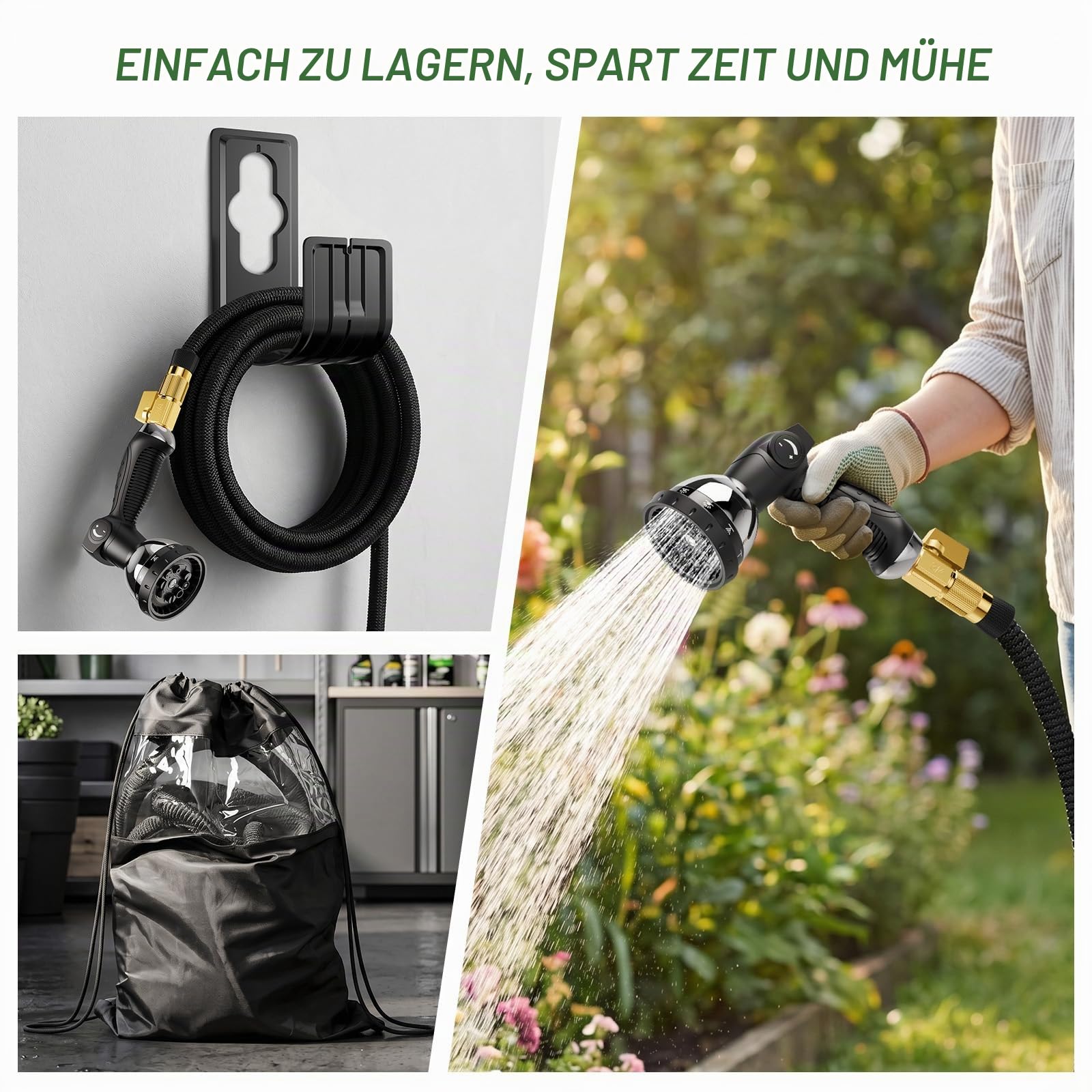 Gartenschlauch Flexibel Ausziehbarer Wasserschlauch mit 10-WegeGartenbrause | 3/4 Zoll & 1/2 Zoll Massive Messinganschlüsse, Knickfester & Dehnbarer Schlauch, Belastbar (Schwarz, 30M)