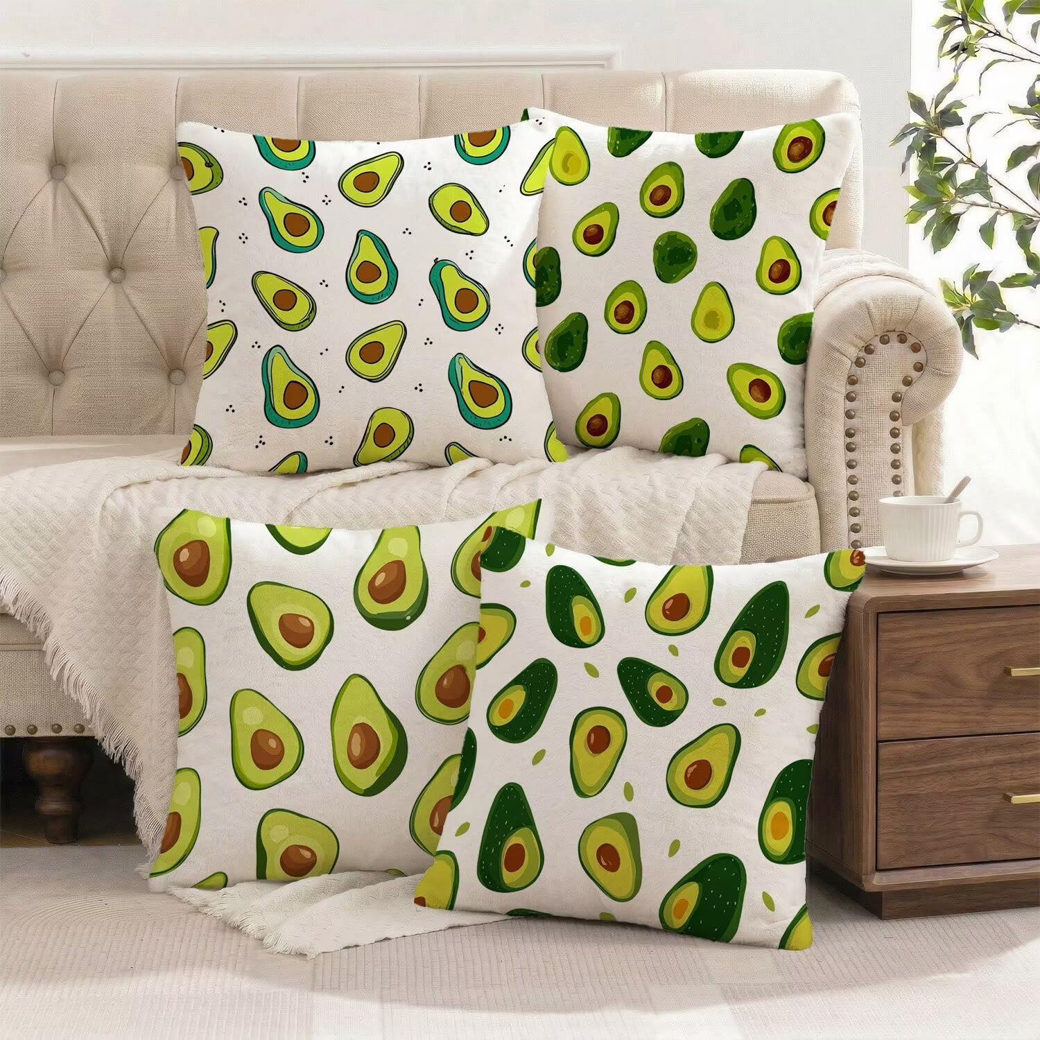 Lot de 4 Housses de Coussins 65x65 cm Avocat, Housse Coussin Decoratif en Peluche Courte, Carré Coussin Exterieur Impermeable, Coussins Canapé pour Lit Chambre Salon Maison Deco Vert L-G615