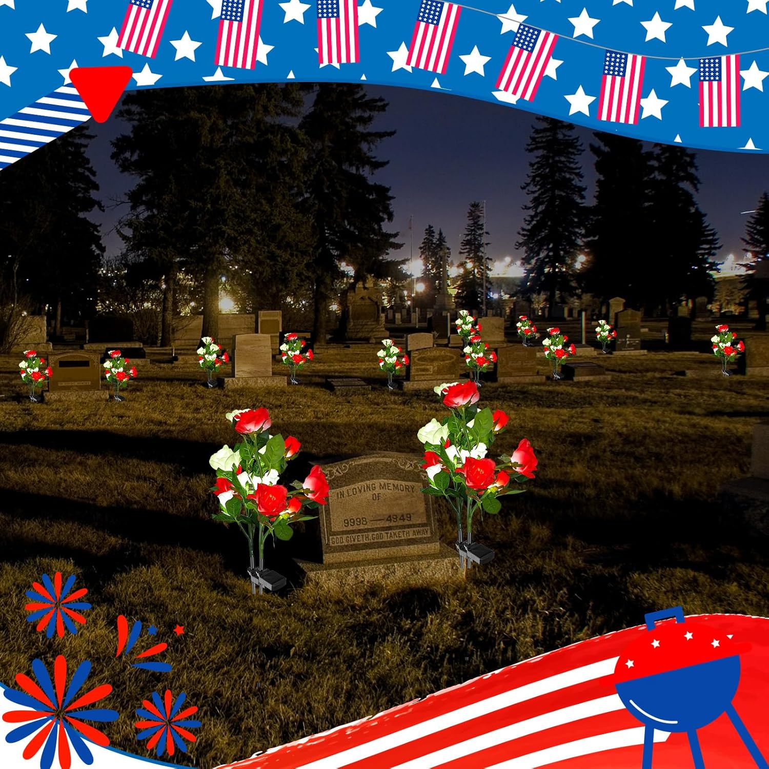 Woanger 4 Pcs Solar Flowers Cemetery Grave Decorations Outdoor LED Flower Lights with 6 Rose Powered Garden Stake Lights Waterproof for Independence Day 250 Anniversary USA Decorations(Red, White)