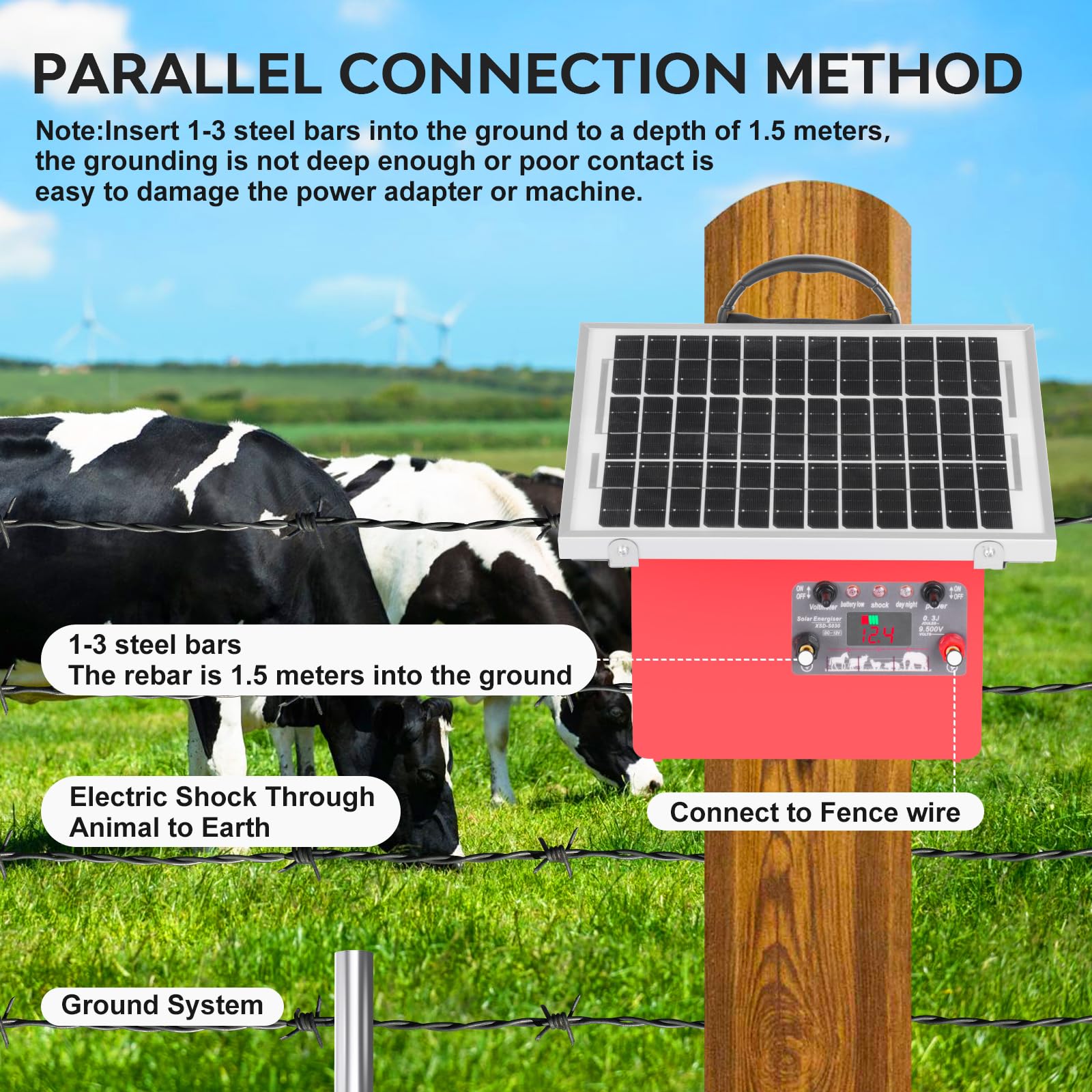 Portée Jusqu'à 32 Km Clôture Électrique Solaire 12V 32KM - Panneau 7.5W, Batterie 7Ah - 9.5KV Pour Bétail, Vaches, Volailles Protection Animaux Ferme