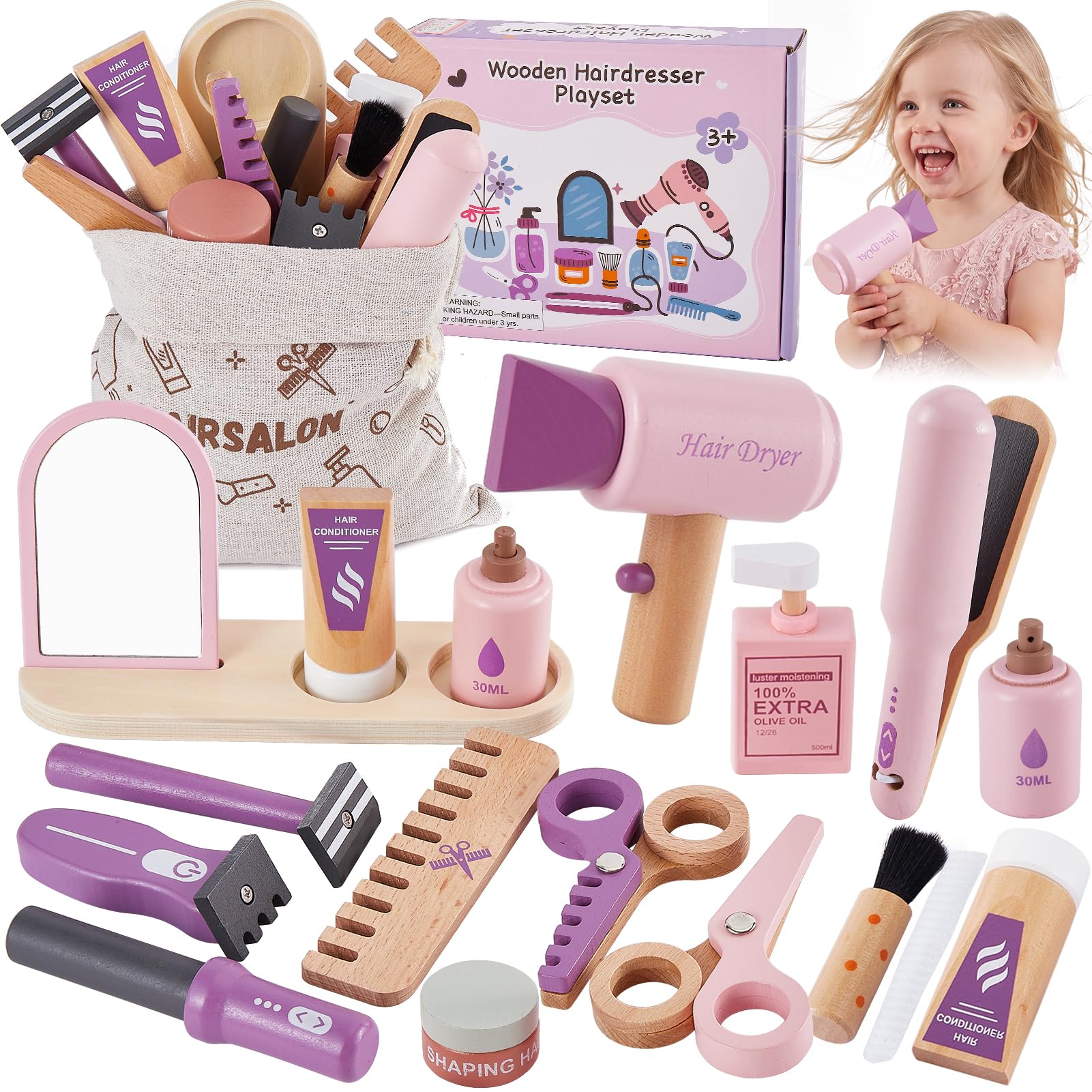 LINFUN KIDS Wooden Hairdresser Set Barber Shop Role Play Toys age 3+ Years
