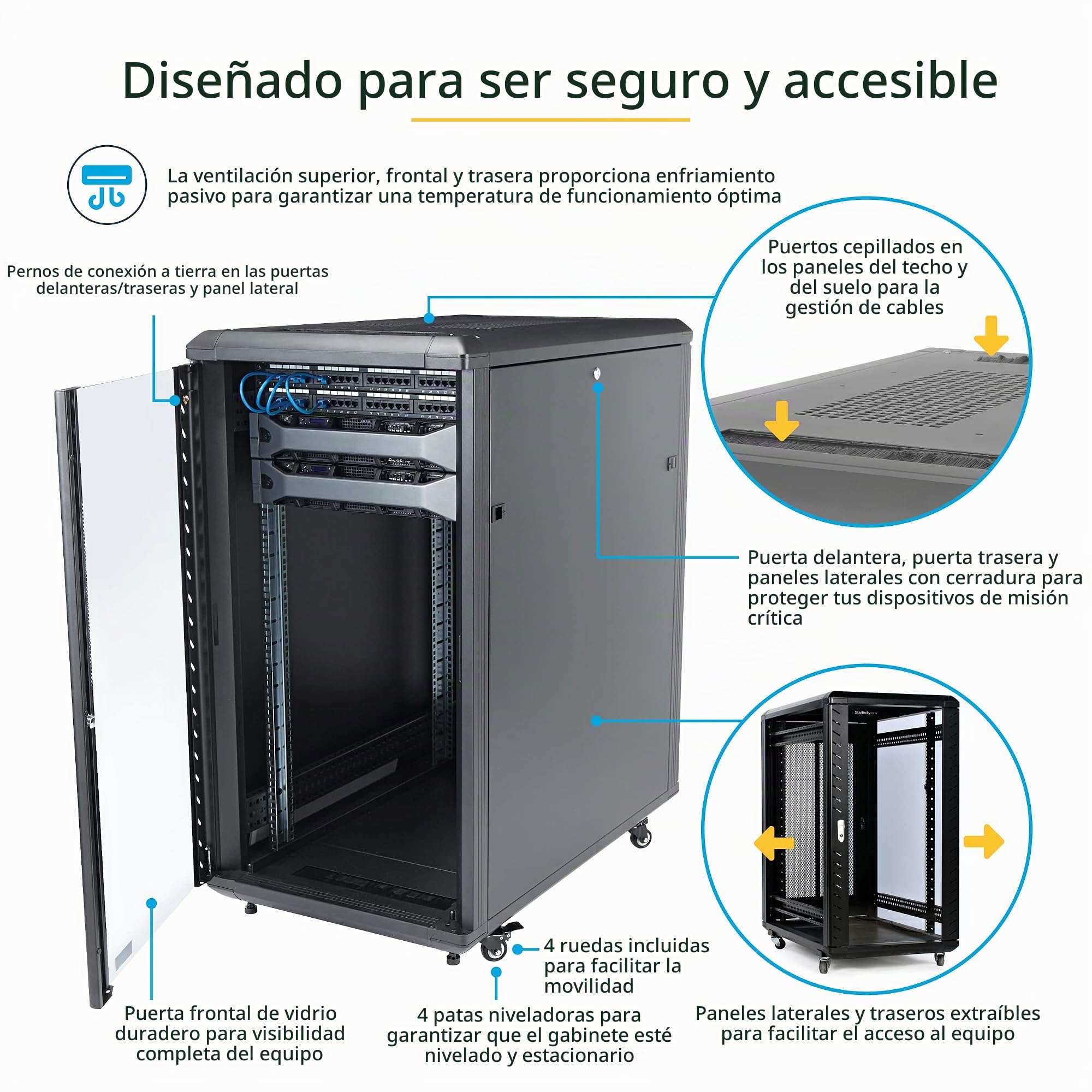 StarTech Armario Rack 22U 4 Columnas 19" - Fondo 83cm - 800kg (RK2236BKF) | Empresarial, Puertas y paneles laterales con cerradura, Parte superior ventilada, Ruedas y patas niveladoras