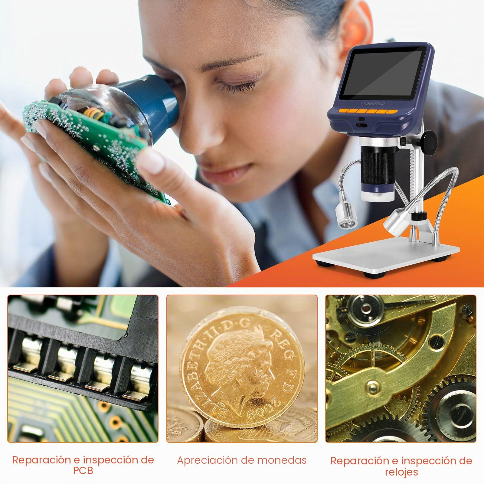 Andonstar AD106S Microscopio digital USB con pantalla LCD de 4.3 pulgadas, 200X para soldadura de PCB, cámara de microscopio para monedas con 8 luces LED ajustables