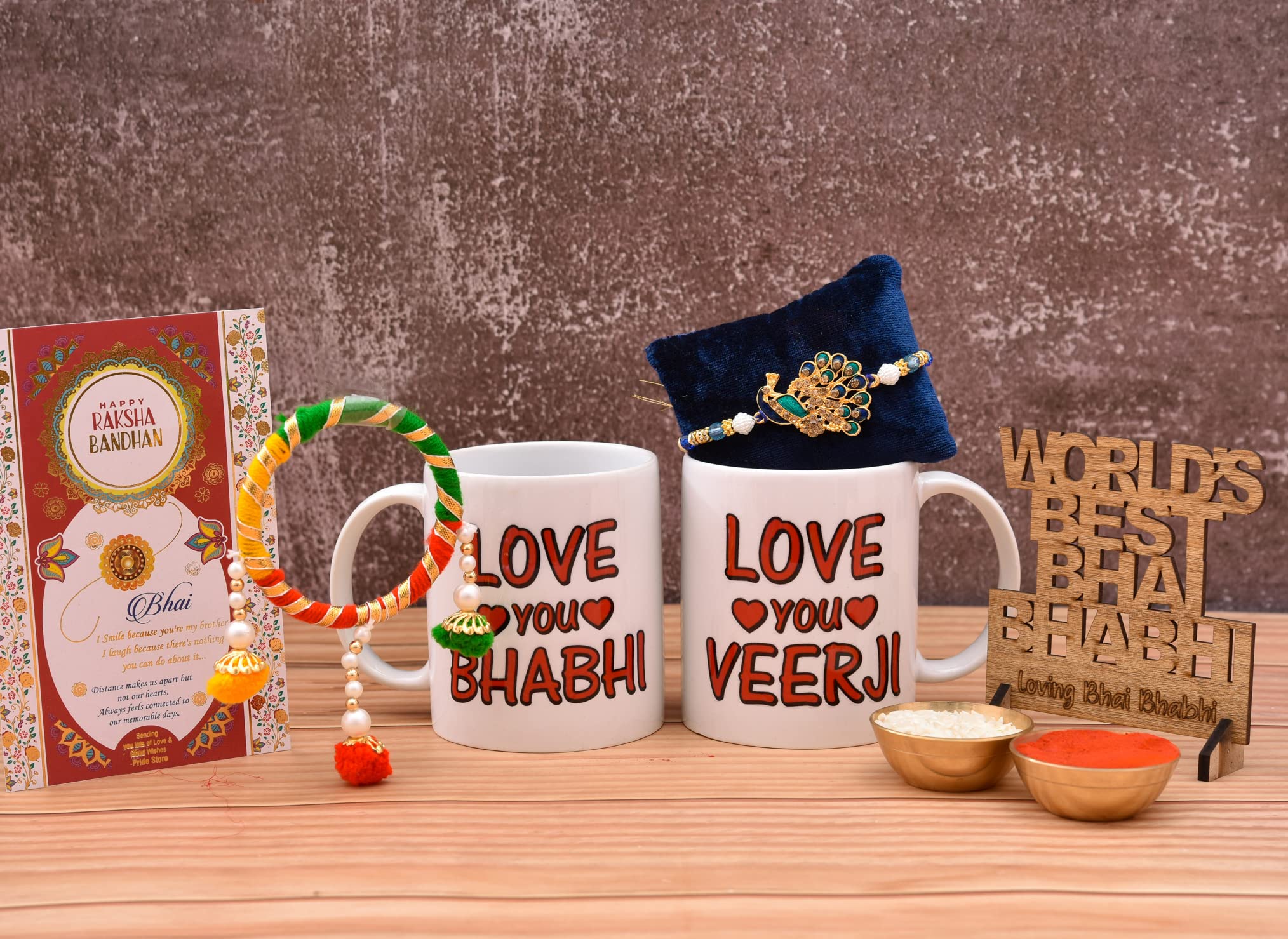 Pack of 2 Rakhi for Brother | Love You Veer Ji/Bhabhi Printed Coffee Mugs | Best Bhai Bhabhi in The World Wooden Showpiece | Greeting Card | Rakhi for Brother