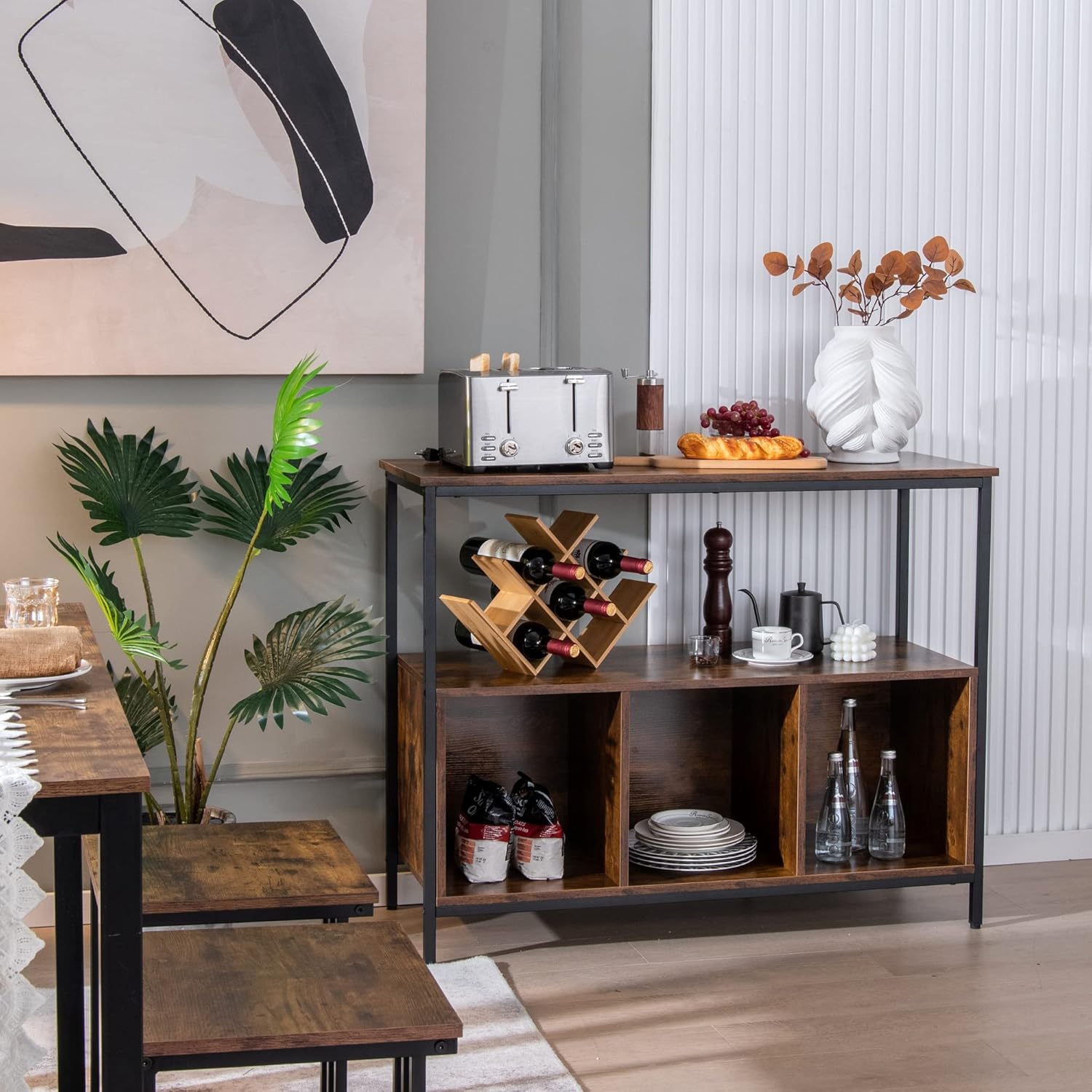 LOKO Buffet Cabinet with Open Shelves, Freestanding Kitchen Cabinet with 3-Cube Compartments, Coffee Bar Credenza Sideboard, 43.5 x 17 x 35 inches (Rustic Brown)