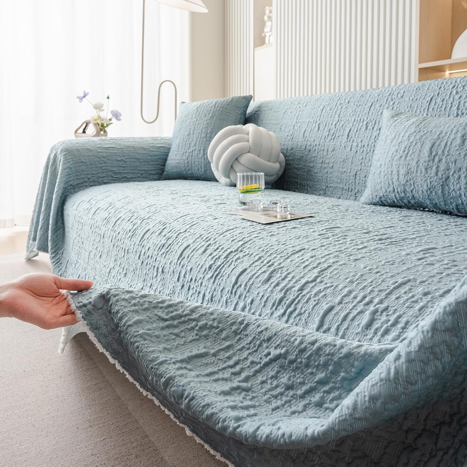 ROOMLIFE Ice Silk Cooling Dog Couch Covers for Sofa, Washable & Breathable Pet Sofa Protector, Durable Cooling Sofa Slipcover for Furniture, Soft Pet Friendly Couch Cover for Dogs, Blue 71"X118"