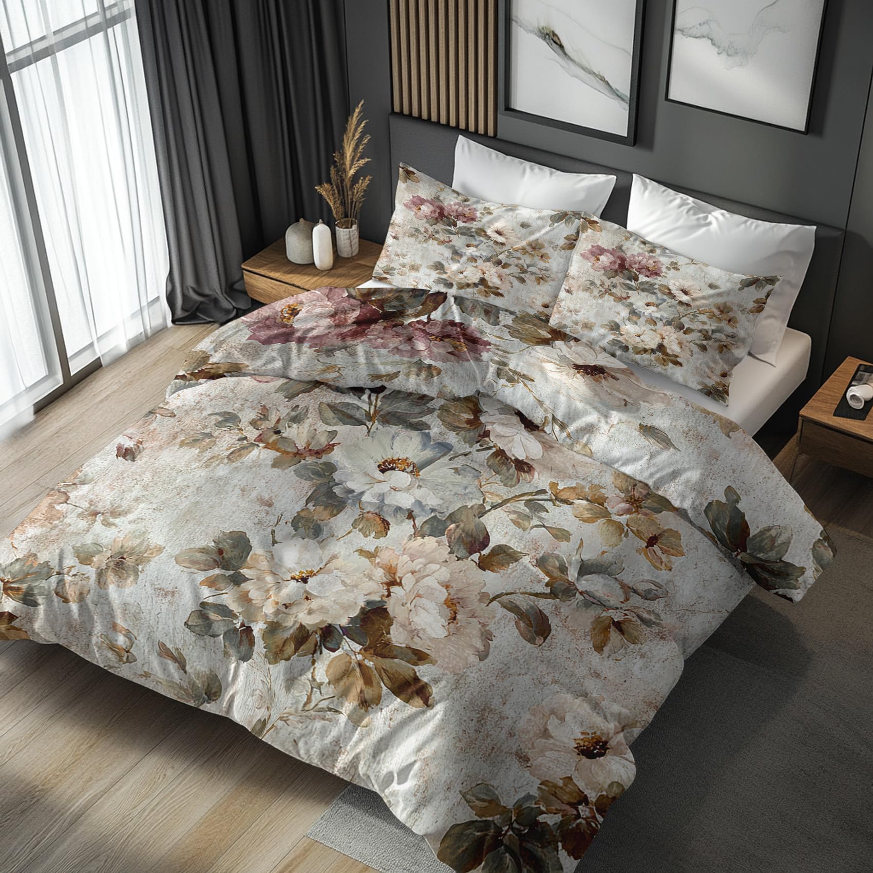 Housse de couette 240x260 vintage floraux en microfibre douce anti-plis pour grand lit double