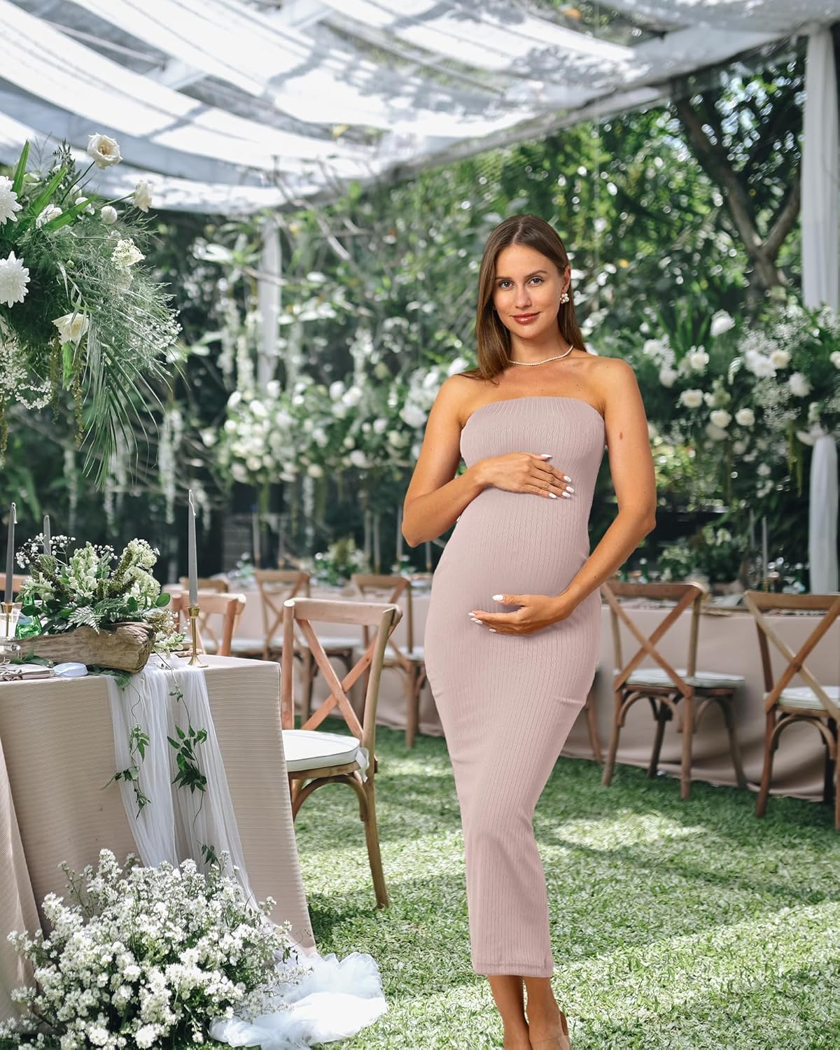 Rnxrbb 2 Piece Maternity Dress Cardigan Baby Shower Bodycon Fall Tube Maternity Dresses Long Gender Reveal Photoshoot - Image 5