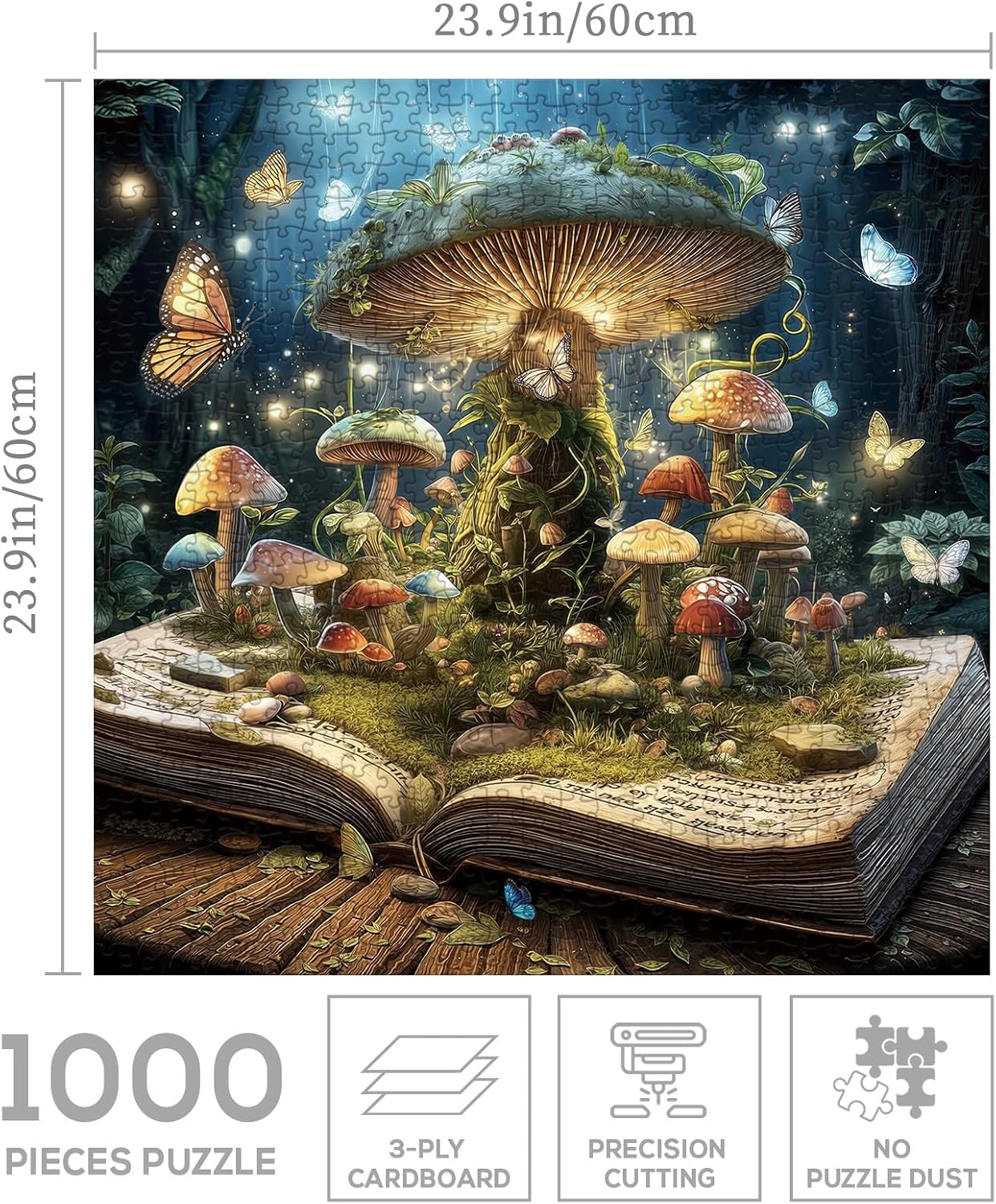 Fantasy Mushroom Book Puzzle 1000 Pieces for Adults, Magic Forest Fungi Plant Jigsaw Puzzles, Vintage Nature Butterfly Tree Puzzles