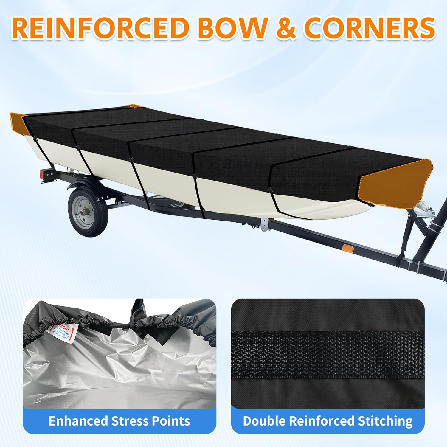 iCOVER Jon Boat Cover 14ft, Heavy Duty Waterproof Marine Grade Polyester Canvas Mooring Cover, Anti-UV Trailerable Jon Boat Covers, Fits Boats 14' Long Beam Width up to 70", Black