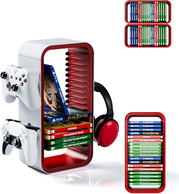 Universal Games Storage Tower Pro - for Up to 18 Games - with Controller Holder for up to 4 Gamepads - Gaming Accessories for PS5, PS4, PS3, Xbox X/S/One, Switch 1 + 2, Switch OLED, BluRay,