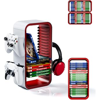 Universal Games Storage Tower Pro - Up to 18 Games - With Controller Holder for up to 4 Gamepads - Gaming Accessories for PS5 PS4 PS3 Xbox X/S/One Switch Switch OLED Blue Ray DVD
