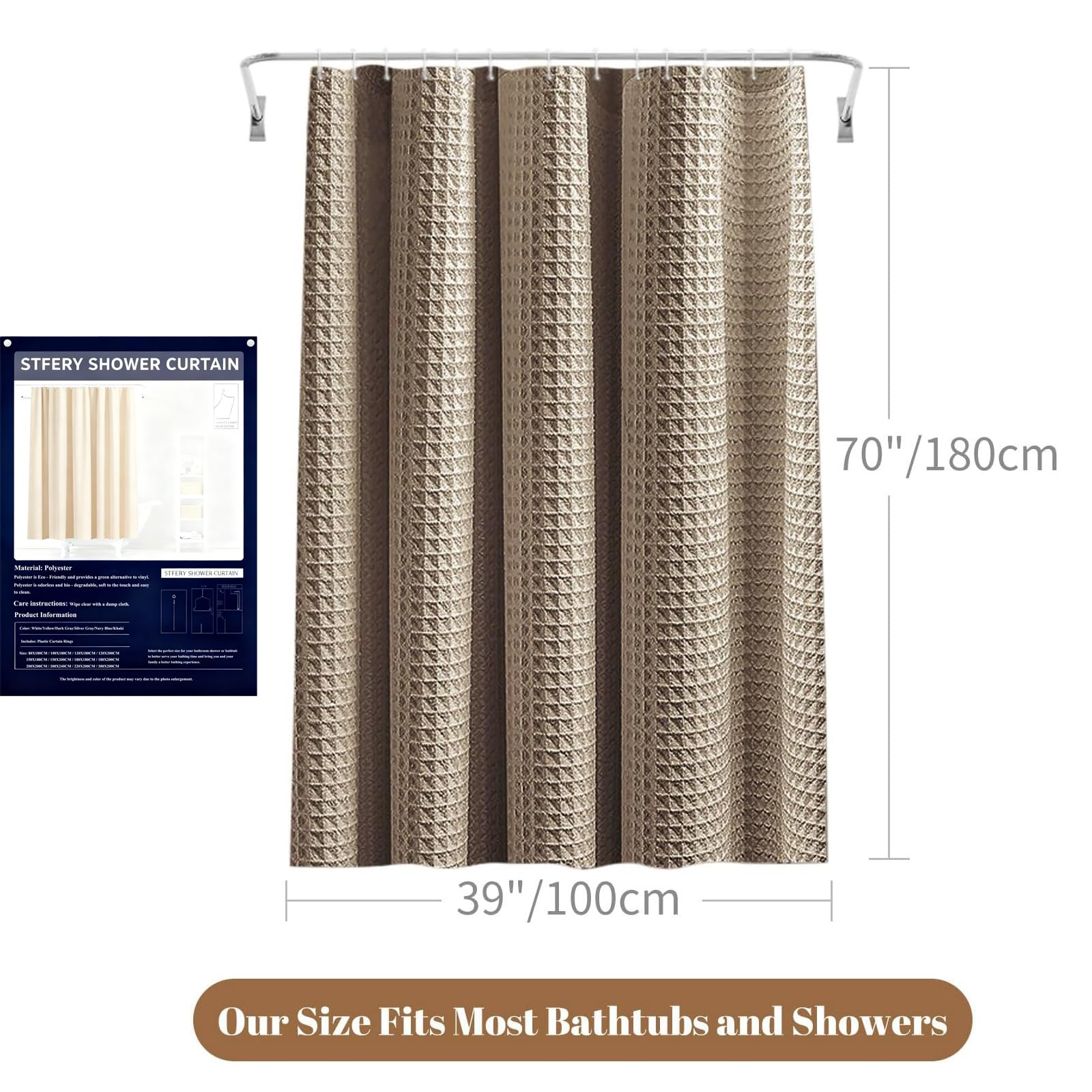 Stfery Shower Curtain Waffle Pattern Shower Curtains 220 x 200 cm Bathroom Curtains Waterproof Shower Curtain Anti-Mould - Image 2