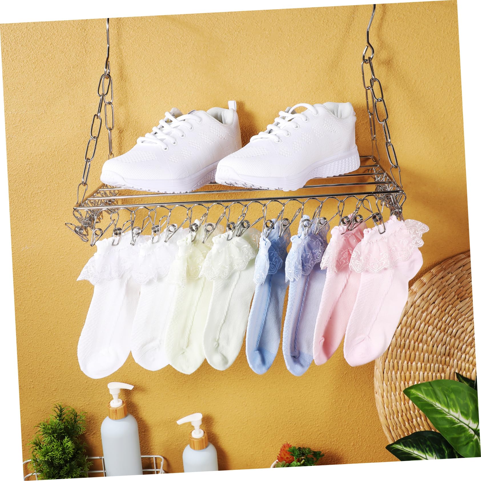WOONEKY Stendibiancheria per Calzini e Cappelli con Clip in Acciaio Inox, Pieghevole e Resistente al Vento, Appendino Sospeso Salvaspazio per Asciugare Vestiti e Accessori in Casa