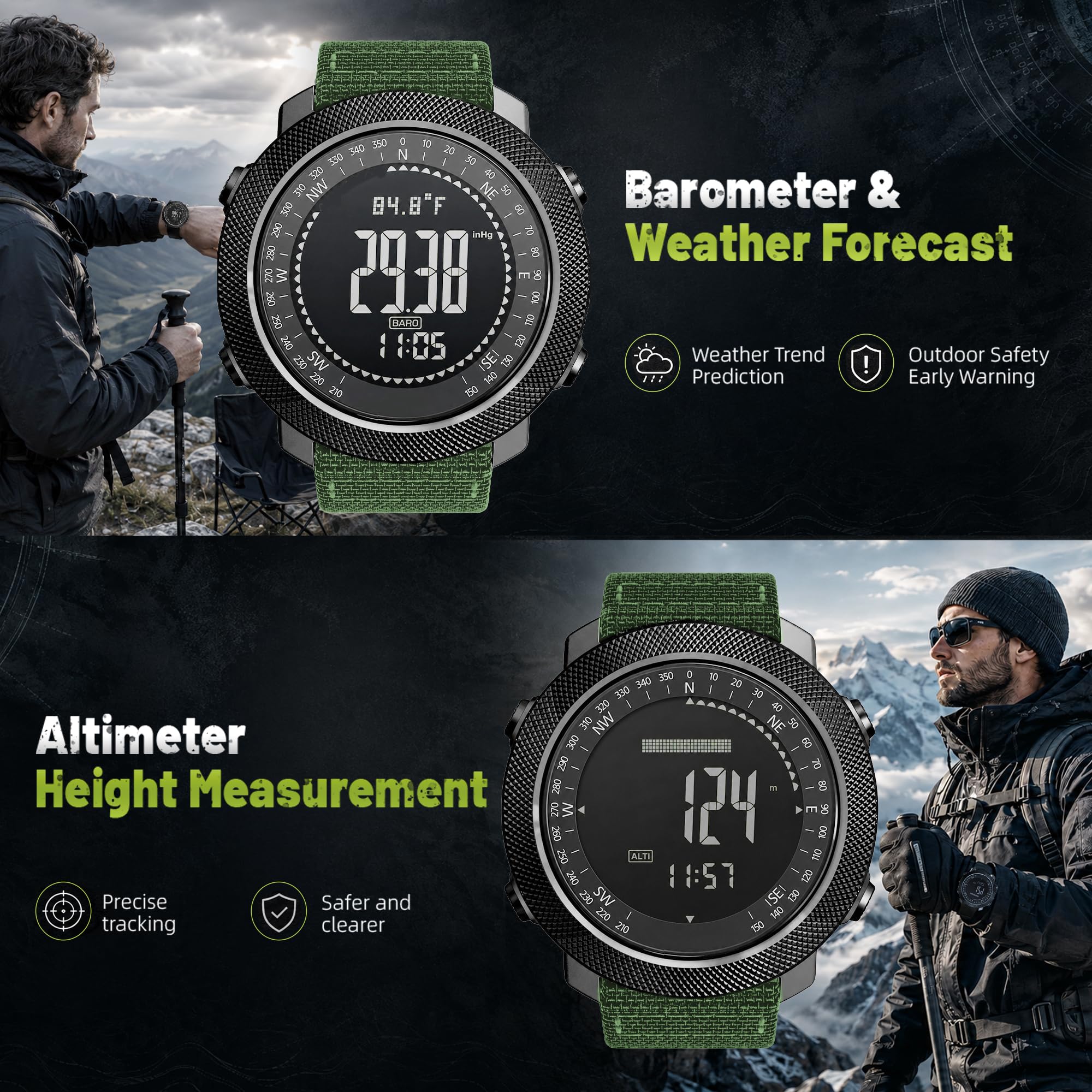 CakCity Montre numérique tactique militaire pour homme, grand cadran de 50 mm, boîtier en alliage de zinc avec bracelet en nylon double couche respirant, étanche 5 ATM, résistant aux chocs, altimètre