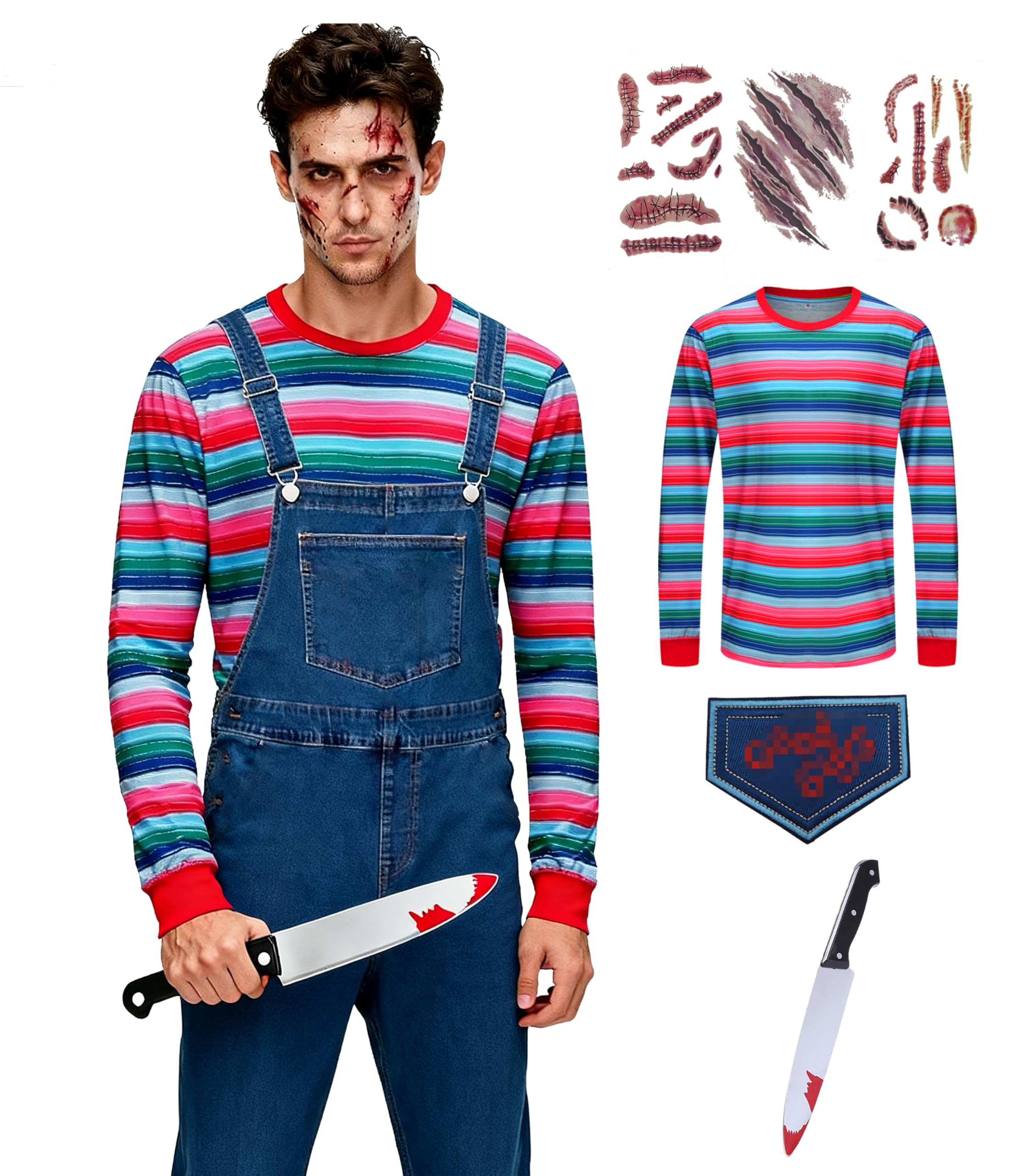 Halloween Costume for Men Horror Rainbow Striped Tee Casual Long Sleeve Shirt Tops