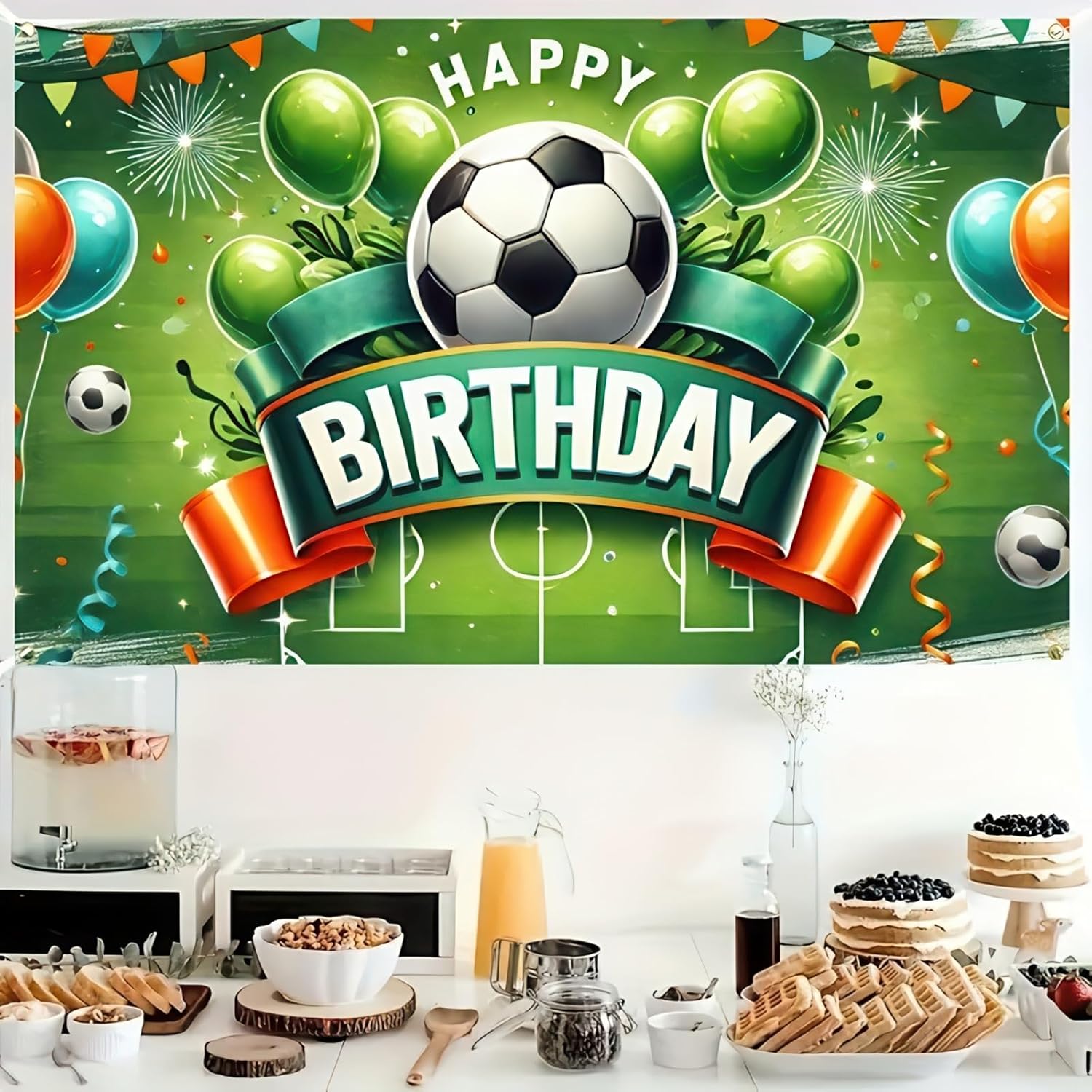 Soccer Theme Birthday Party Banner soccer birthday decorations Green Stadium and Balloons Backdrop, Ideal for Event Decorations, 71x43 Inches, Polyester Material - Image 3
