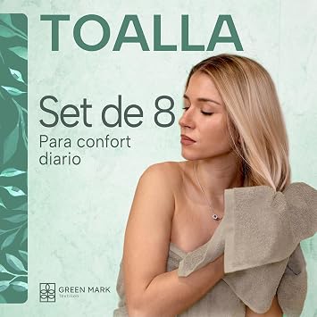 Green Mark Towels - 8 Piece Set - 100% Cotton, Soft and Highly Absorbent, Bath, Spa and Gym, 50 x 100 cm, Sand/Beige