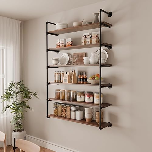 Miniatura 3 de Estantes industriales de 6 niveles con tablones de madera, estantería de tubo de hierro de 48 pulgadas, estantería retro montada en la pared,