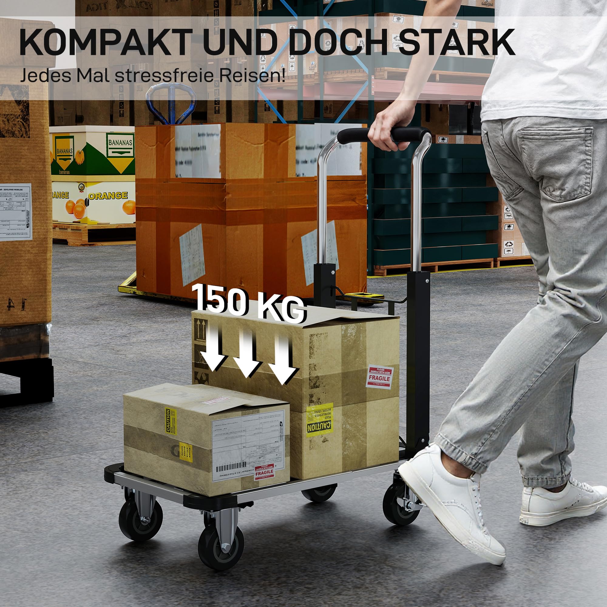 HOMCOM Wózek platformowy, składany, 150 kg, z hamulcem postojowym, kółka skrętne, kolor srebrny | Wózek transportowy, wózek ręczny, wysuwana platforma, regulowany uchwyt, pomoc transportowa, wózek paczkowy