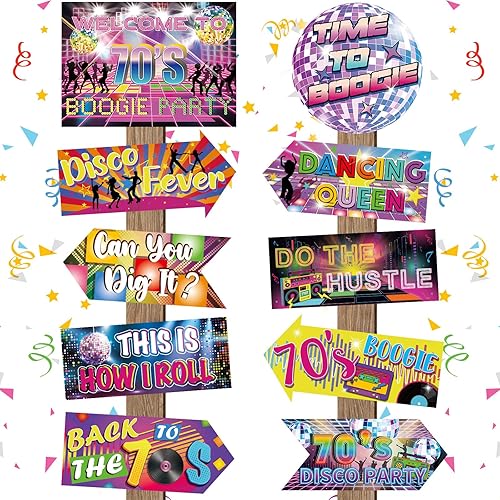 20 carteles de fiesta de los años 70, decoraciones de fiesta de discoteca de regreso a los 70, letreros direccionales de los años 70, suministros de
