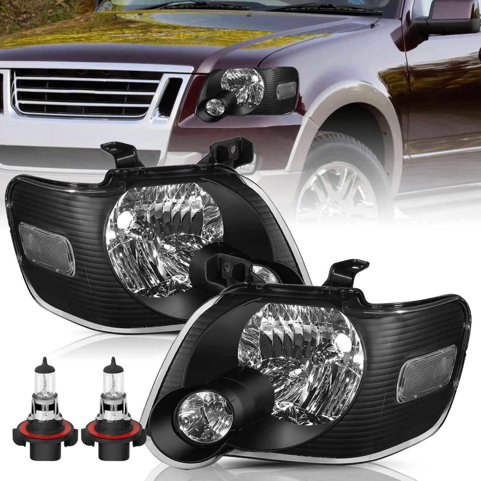 Headlight Assembly with Bulbs Compatible with 2006-2010 Ford Explorer Driver and Passenger Side (Black Housing with Clear Reflector)