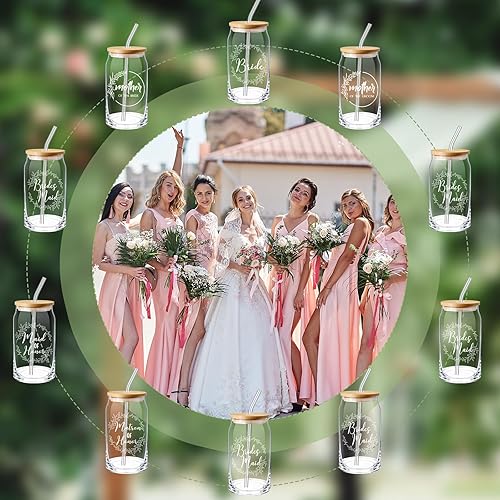 Miniatura 7 de 10 piezas de regalos de dama de honor, regalos de propuesta de dama de honor, 16 onzas, lindos vasos en forma de lata con tapas de bambú y popote de