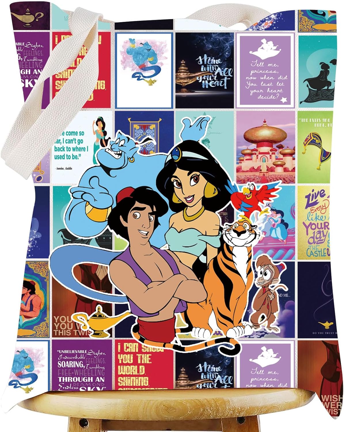 WZMPA Princess Tote Bag Abu & Genie & Jafar Fans Gift Cartoon Movie Reusable Grocery Bag Fairy Tale Merchandise