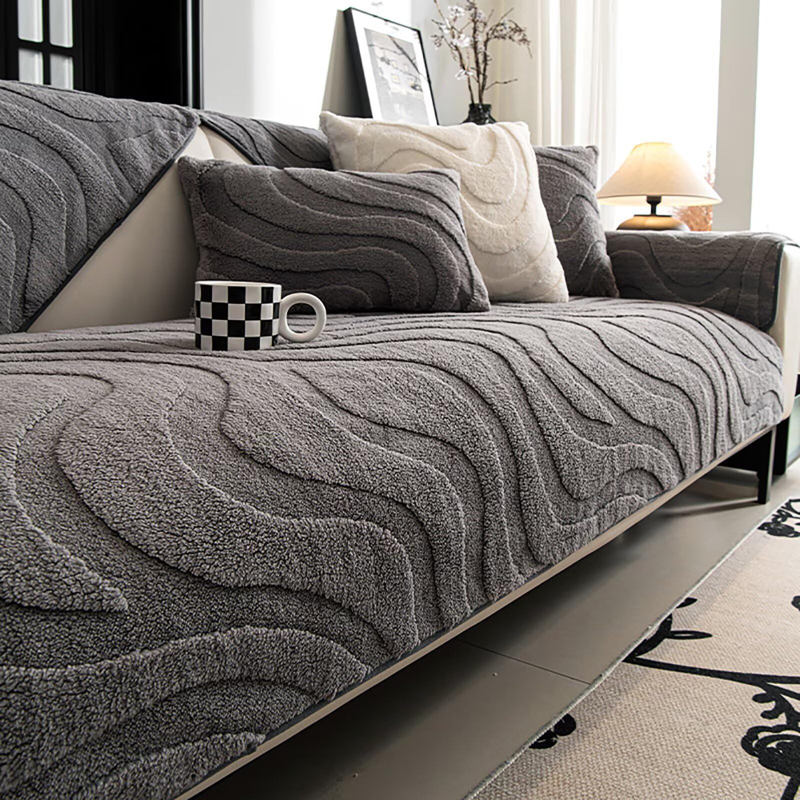 GuihcdknfuS Sofa Covers Washable, Plush Stripe Couch Cover for Sofas, Non Slip Couch Cover, Settee Covers L Shape, Sofa Slipcover for Pet Dog Furniture Protect, light gray, 110 * 210cm