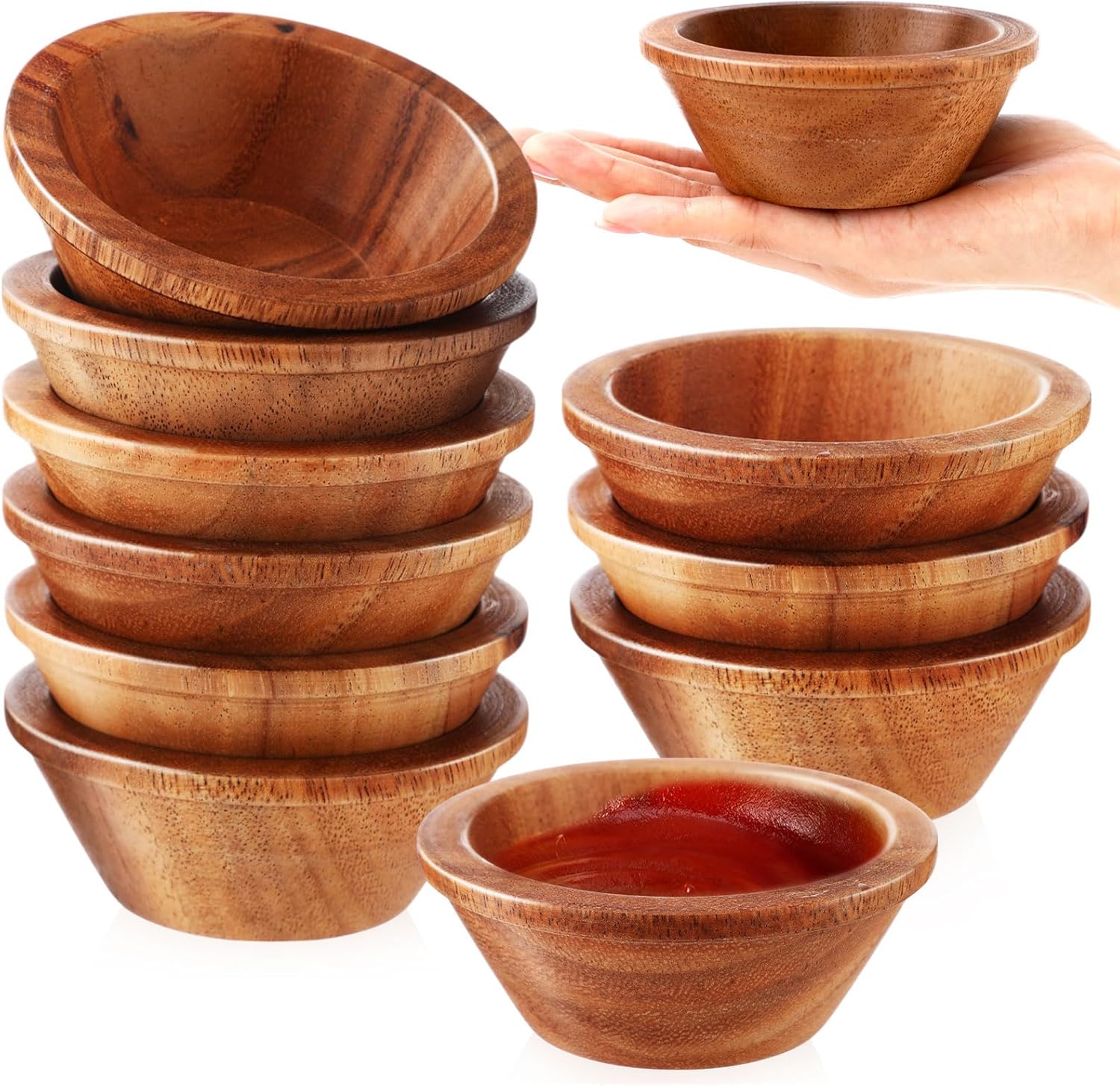 Honeydak 10 Pcs Acacia Wooden Bowls Small Calabash Bowls 4 Inch Round Wood Salad Hand Carved Calabash Dip Tray for Serving Appetizers Dips Sauce Popcorn Candy Nuts Thanksgiving Supplies Home
