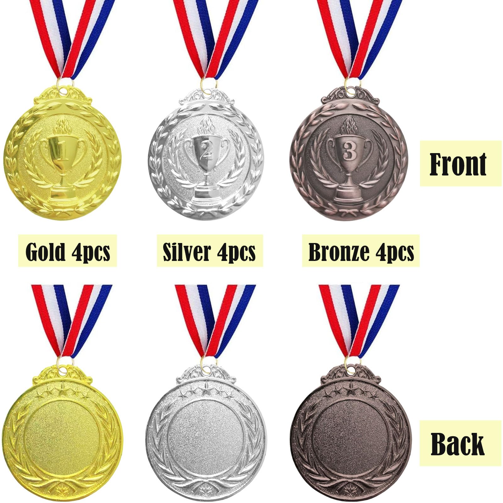 12 Pièces Médaille de Récompense, Médaille d'or Médaille d'argent Médaille de Bronze avec Rubans de Cou pour pour Les Compétitions,Le Sport, Style Olympique Diamètre env. 5,0 cm