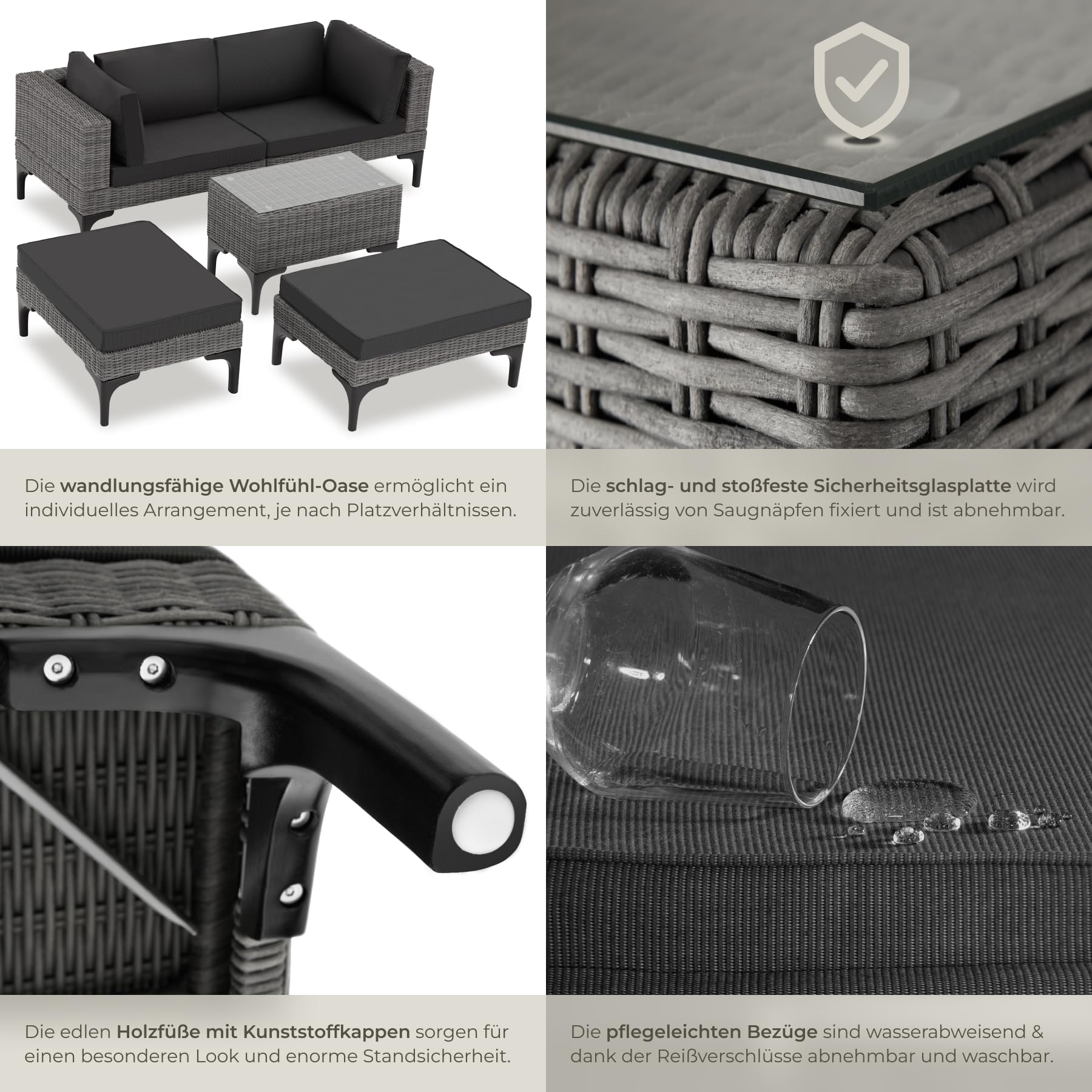 tectake® Outdoor Rattan Lounge, 5-teiliges Gartenmöbel Sofa Set mit Aluminium Gestell, frei kombinierbar, mit Ecksessel, Hocker, Tisch, Gartenlounge, inkl Sitz- und Rückenkissen - grau