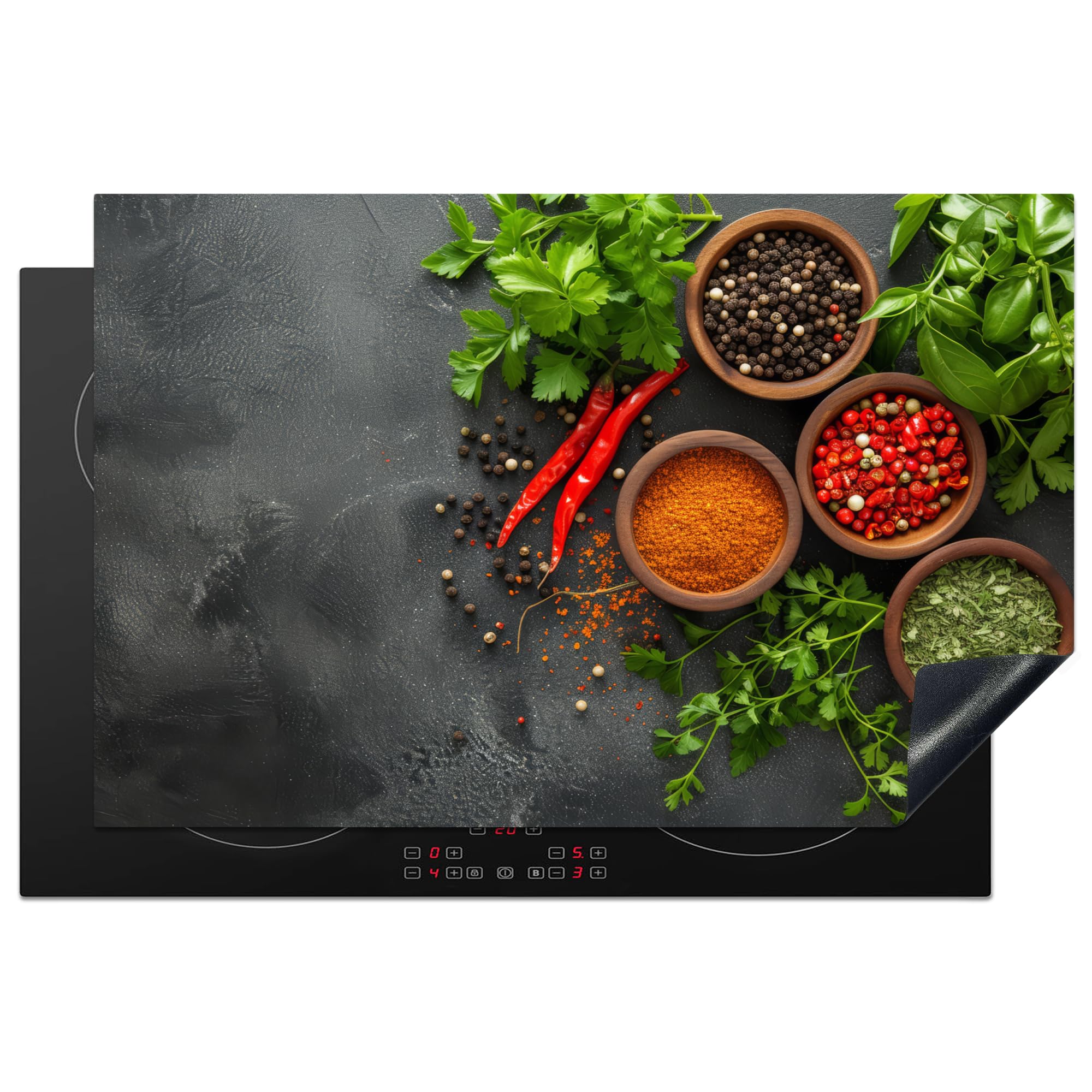KitchenYeah© Induction Hob Cover Protector Mat 20.8"x32.1" / 81.6x52.7 cm Kitchen Universal Ceramic Covers for Electric Cookers Vinyl Herbs - Concrete - Pepper - Plants - Spices — image 1