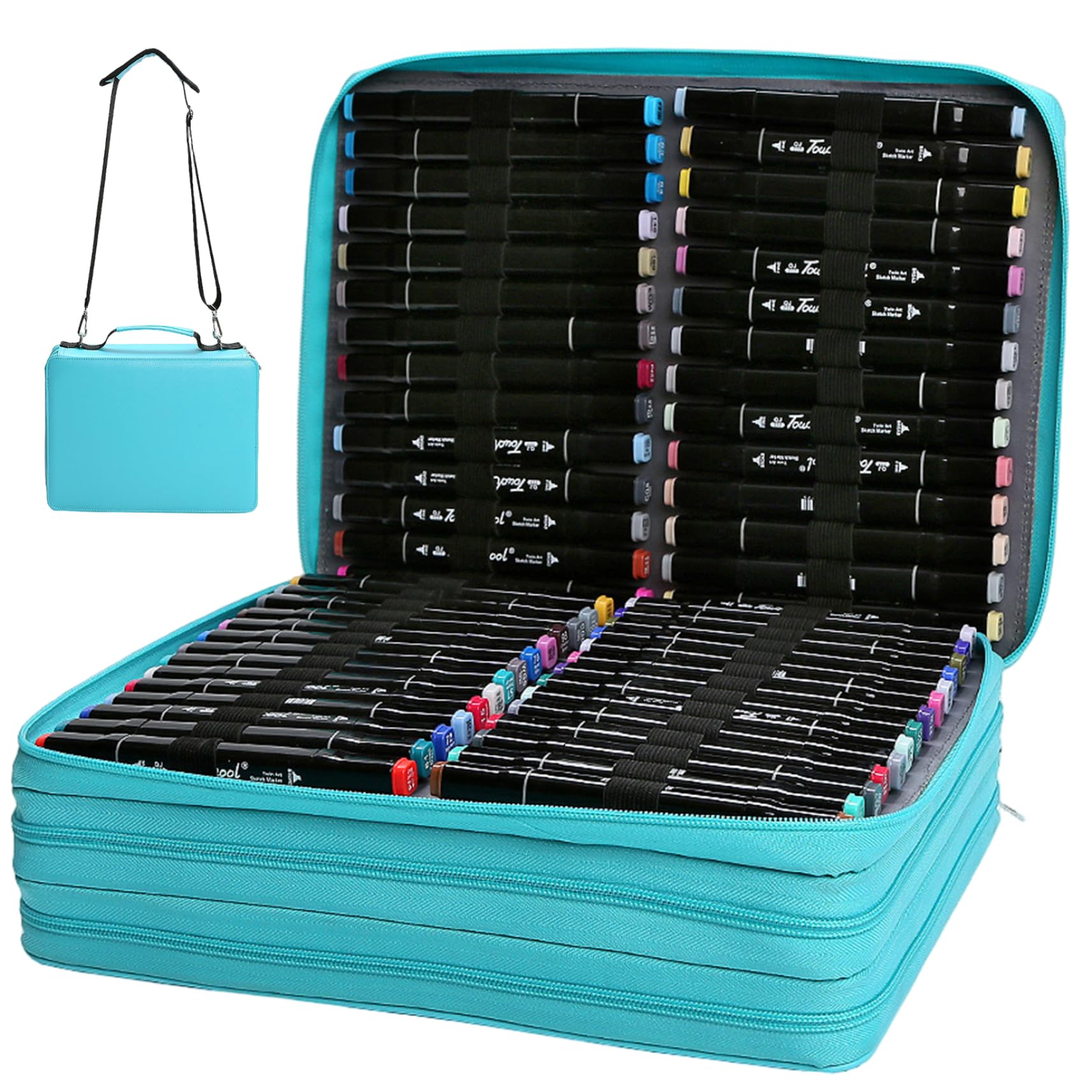 Monetais Marker Bag 168 Slot 3 Layer Marker Case with Zipper, Tote & Shoulder Strap Portable Oxford Cloth Water Color Pen Organizer for Artist, Art Student Organizer