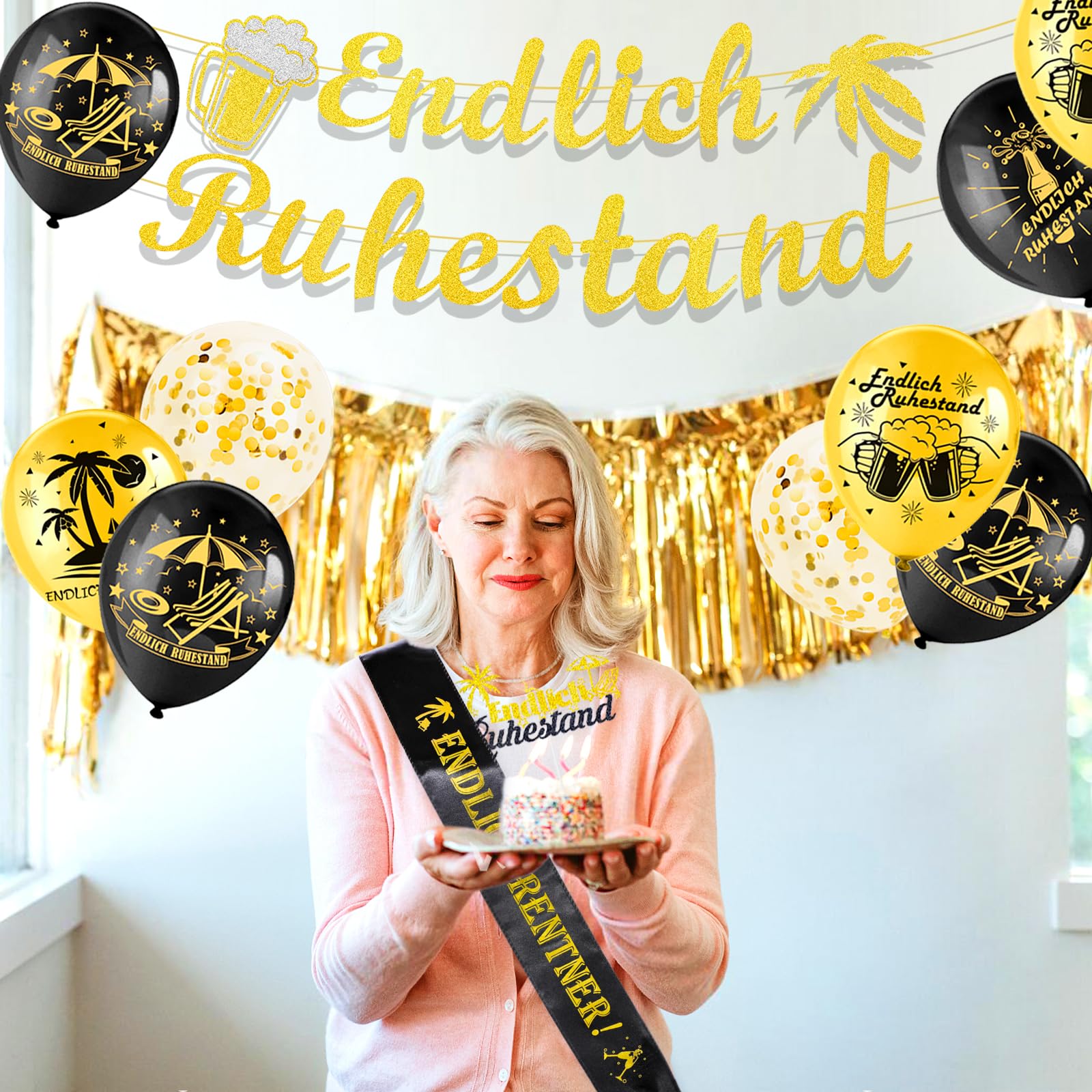 HOWAF Ruhestand Deko-Set – Girlande, Ballons, Cake Topper, Schärpe – Schwarz-Gold Für Abschiedsfeier Cake Topper Ruhestand