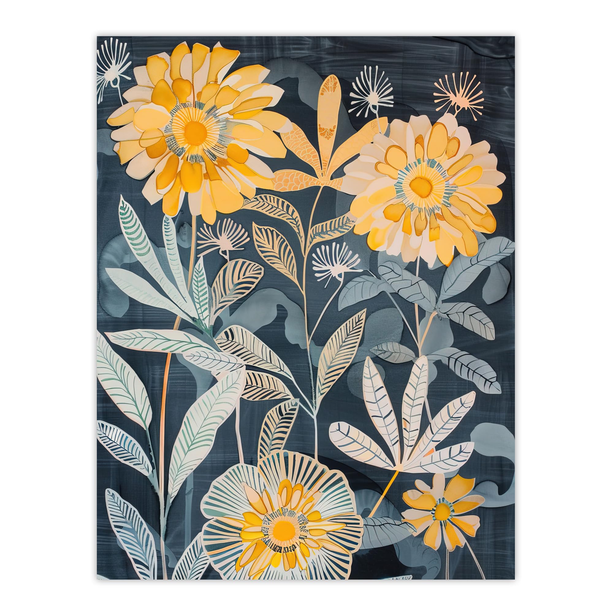 Artery8 Marigold Flowers Artwork Dark Forest Floral Blue Living Room Large Wall Art Poster Print Thick Paper 18X24 Inch