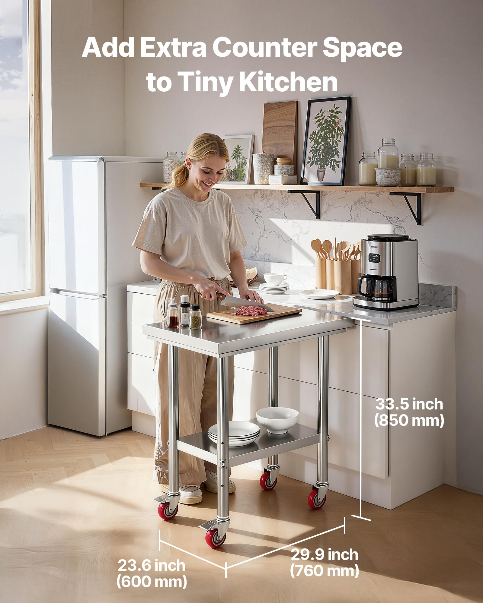 VEVOR Mesa de Trabajo de Acero Inoxidable, Mesa de Preparación con 4 Ruedas, Estantería de Trabajo de Preparación de Alimentos con Estantes Ajustables para Cocina, Garaje, Taller, 76 x 60 x 85 cm