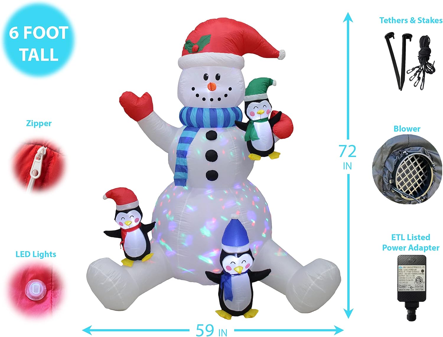 6 Foot Tall Swirling Lights Christmas Snowman with Three Cute Penguins Lighted Blowup Party Decoration for Outdoor Indoor Home Family Garden Yard Prop