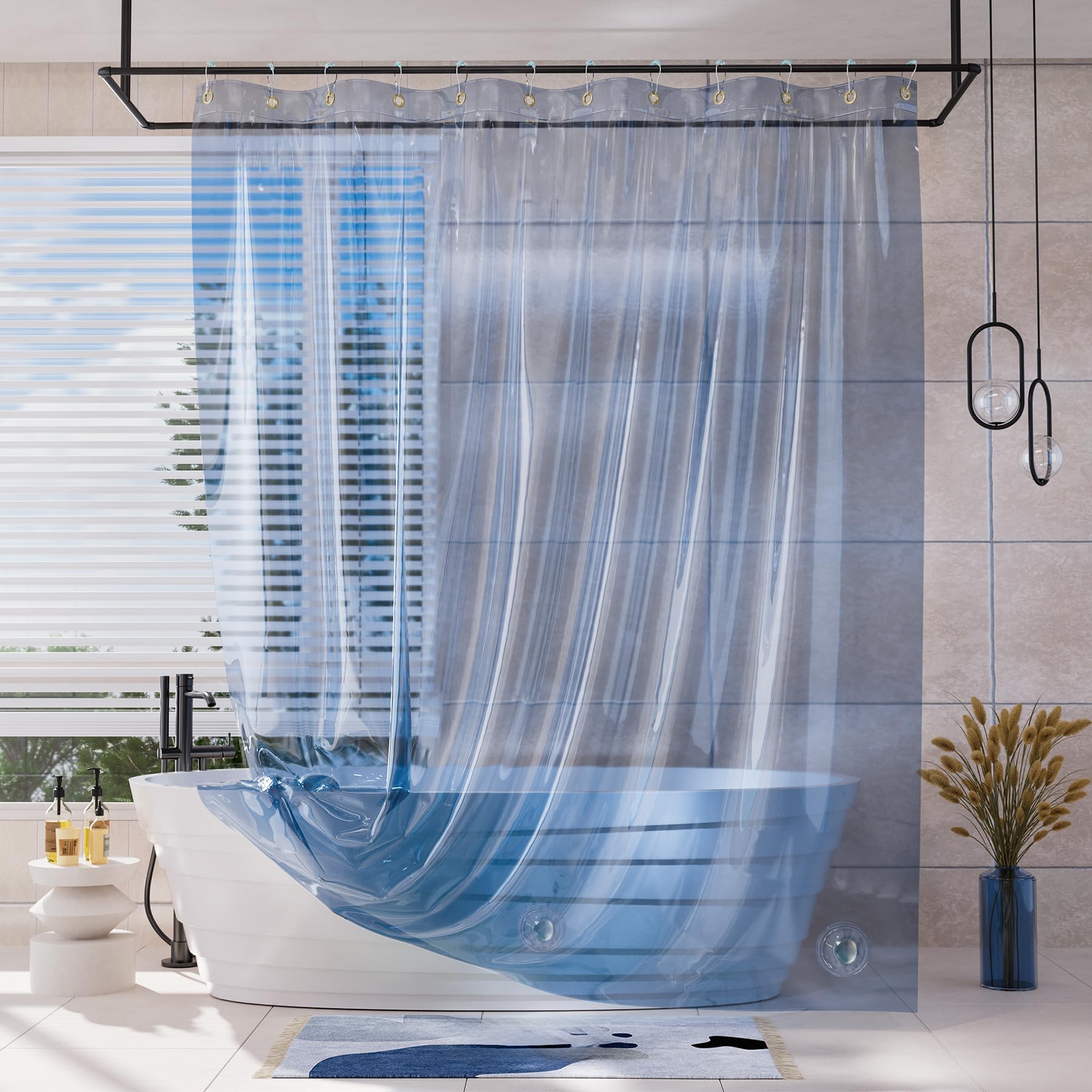 AmazerBath Shower Curtain Liner, 100% EVA Soft Clear Blue Heavy Duty Shower Curtain and Liner 2-in-1, 72x72 Luxury Plastic Weighted Bathroom Shower Liner, 12 Rustproof Grommets & 3 Heavyweight Stones